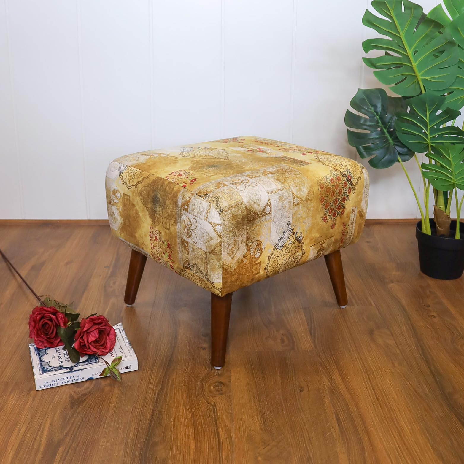 The Artage Puffy Stool For Living Room Vanity Dressing Table Sitting Printed Premium Foam Cushioned Pouffe Ottoman for Foot Rest In Yellow Brown Home Decor Furniture Wooden (Floral) (Traditional Hues)