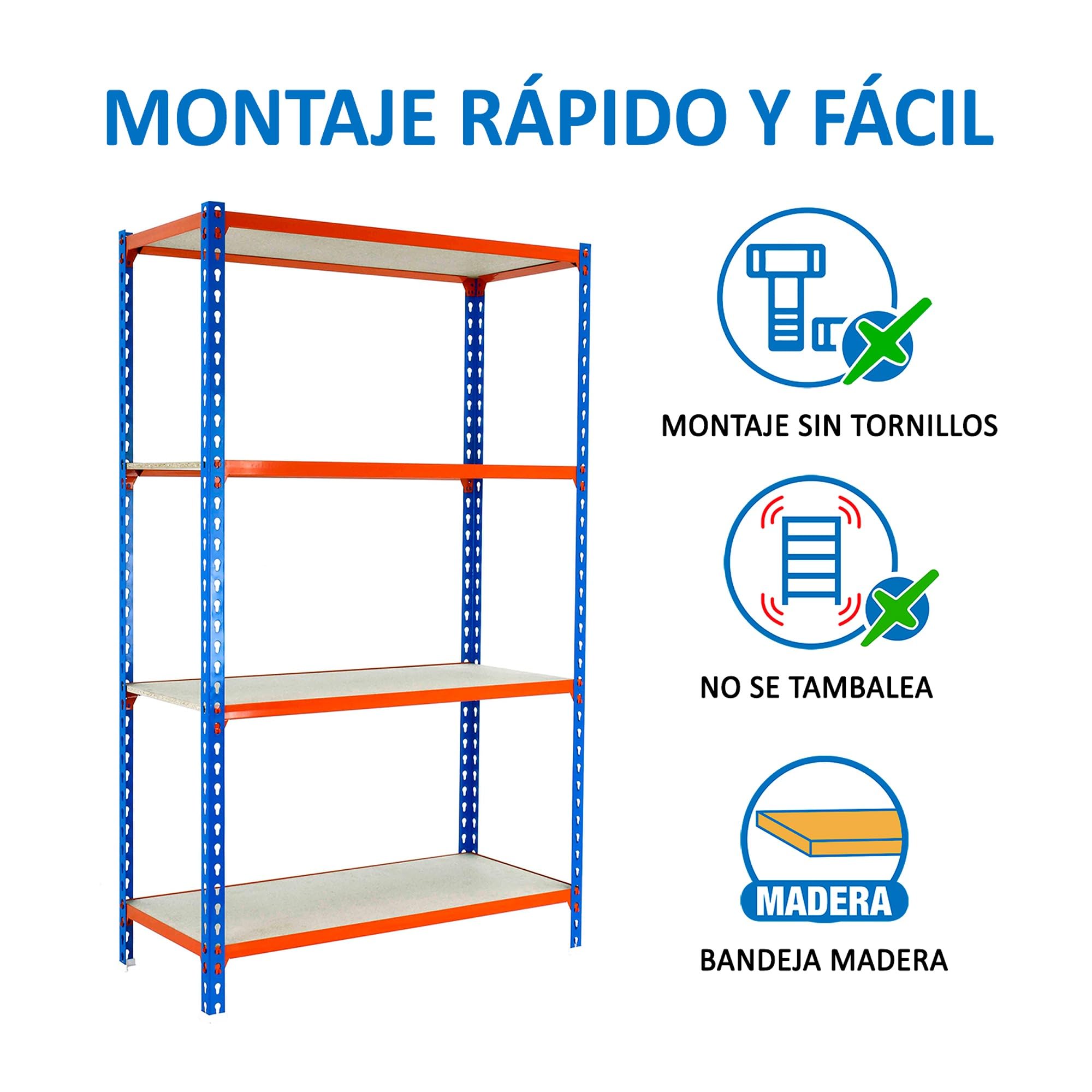 SimonRack Estanteria Metalica, 4 Baldas Madera Ajustables, 150 kg de Punto Flexión, 1500x1000x400 mm, Estantería Almacenaje, Sin tornillos, Azul/Naranja/Madera - Maderclick | 4 Alturas, Bandeja Madera, 150 kg de Punto Flexión, Azul/Naranja , Pintura antic