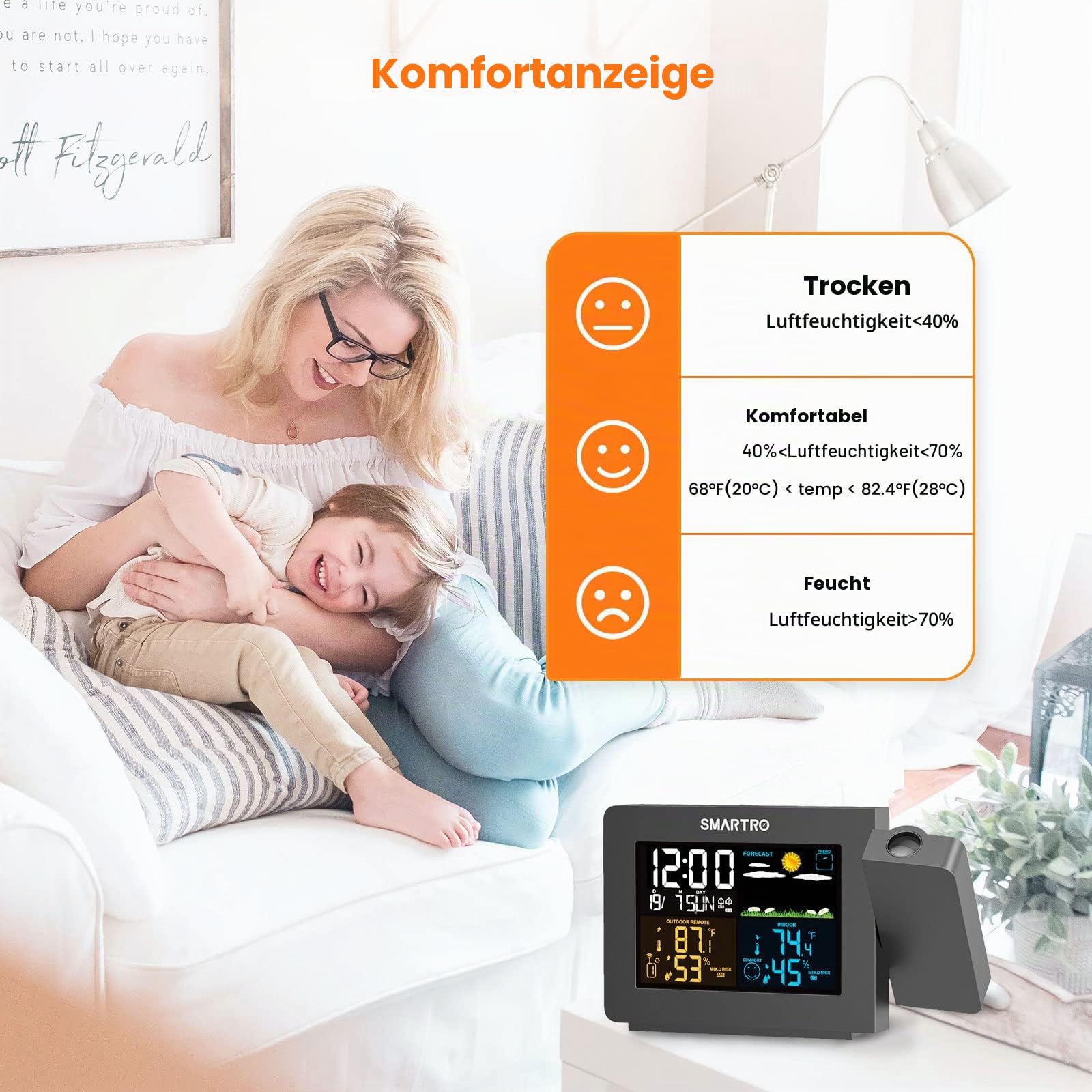 SMARTRO SC91 Projektionswecker für Schlafzimmer mit Wetterstation, Innen-Außenthermometer, Temperatur-Luftfeuchtigkeits-Monitor-Anzeige Hygrometer