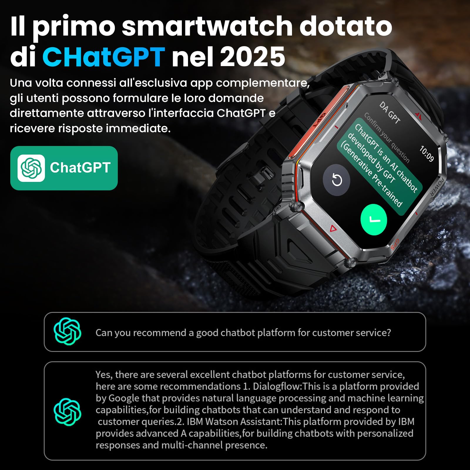 Orologio intelligente militare Cinghia in Acciaio per uomini, con GPS/bussola, assistente vocale GPT, display HD 2.01", chiamate Bluetooth, tracker fitness, compatibile con Android e iOS (Nero)