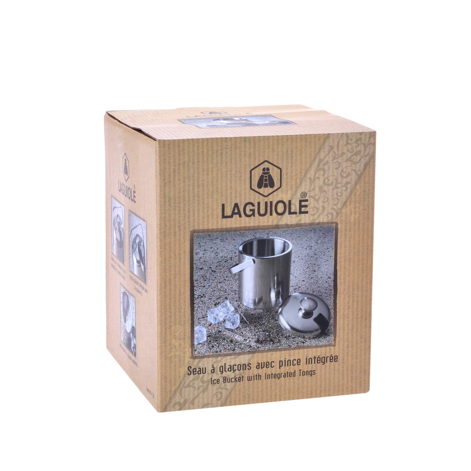 LAGUIOLE - Coffret seau à glaçons - Seau, Pince, Couvercle et Plateau égouttoir - Acier inoxydable - Contenance: 1,3L - Indispensable pour vos repas d'été