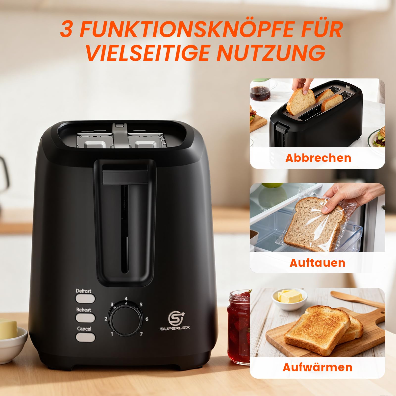 Tostapane a fessura lunga, 4 fette, 1450 W, 7 livelli di doratura, funzione scongelamento, riscaldamento e stop, con inserto per panini e cassetto briciole lavabile, per baguette, pane e
