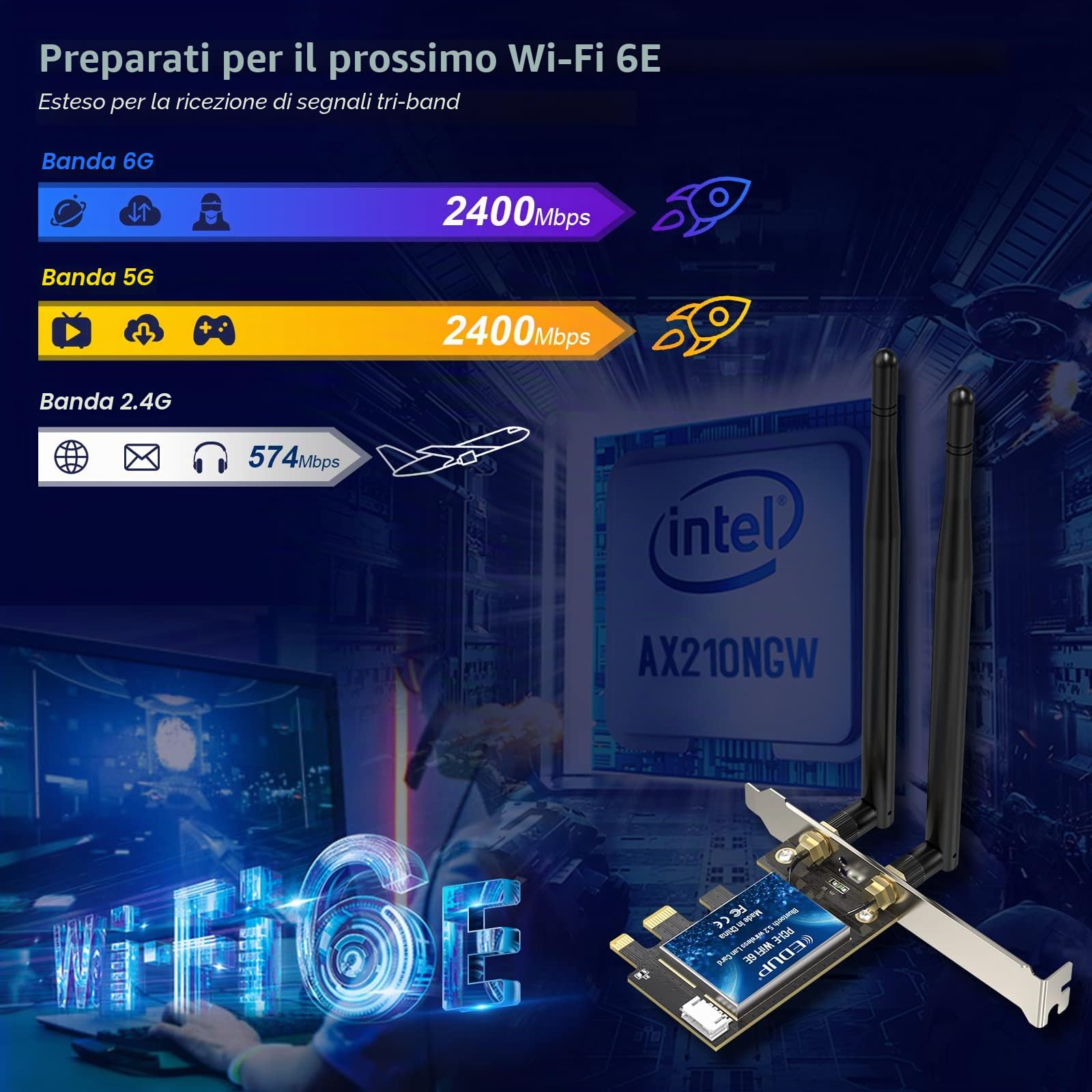 EDUP Scheda WiFi 6E Bluetooth 5.2 PCIE WLAN Intel AX210 5400 Mbit/s WLAN Adattatore 802.11AX DualBand 2.4Ghz/5Ghz Antenna AX210 per PC Desktop Windows 10&11 64 bit