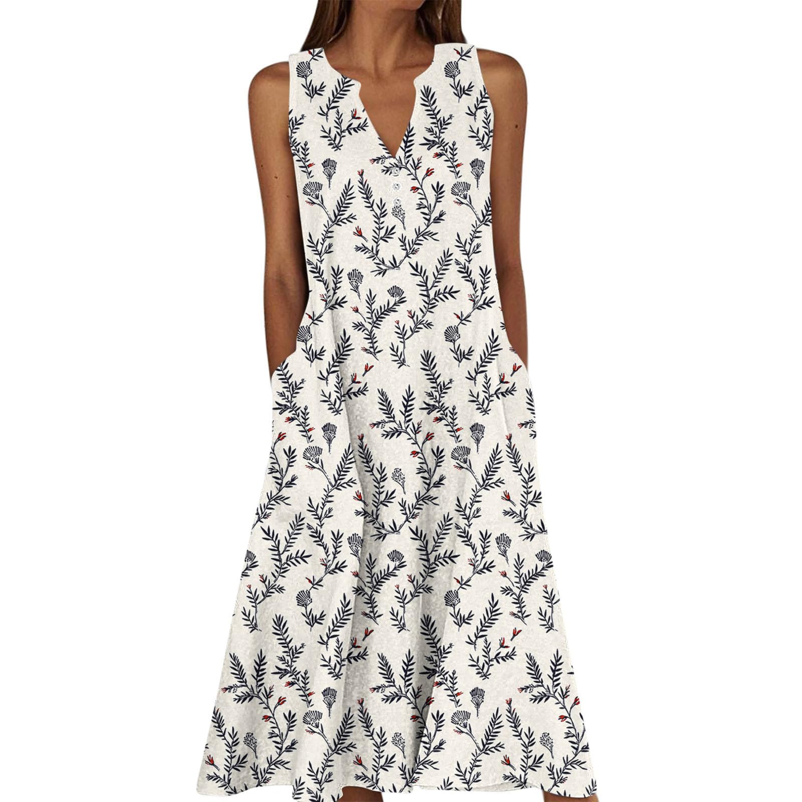 Summer Floral Print Midi Dresses for Women Boho Sleeveless V Neck Tank Dress Beach Vacation Sundress with Pockets — view 9