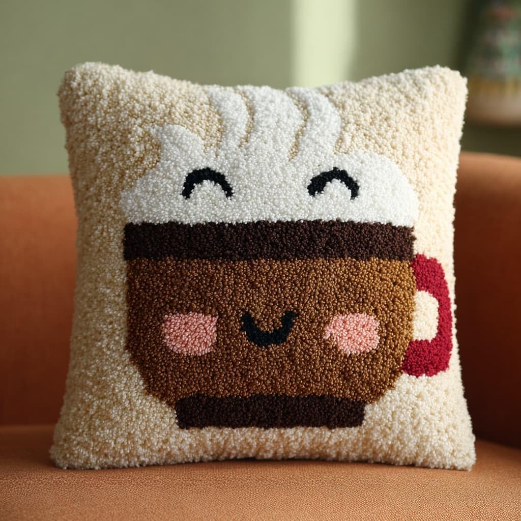 Taxpy Latch Hook Cushion Kits, Cartoon Teacup Pillow Case Cushion Rug Cover DIY Needlework Embroidery Kits Handmade Hook Set 43x43cm