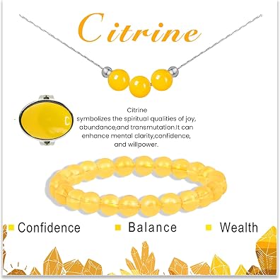 3PS Citrine Bracelet - Ring - Necklace Jewelry Sets for Women, 8MM Healing Crystals Beaded Bracelets November Birthstone Necklace Adjustable Rings, Inspirational Gifts for Women