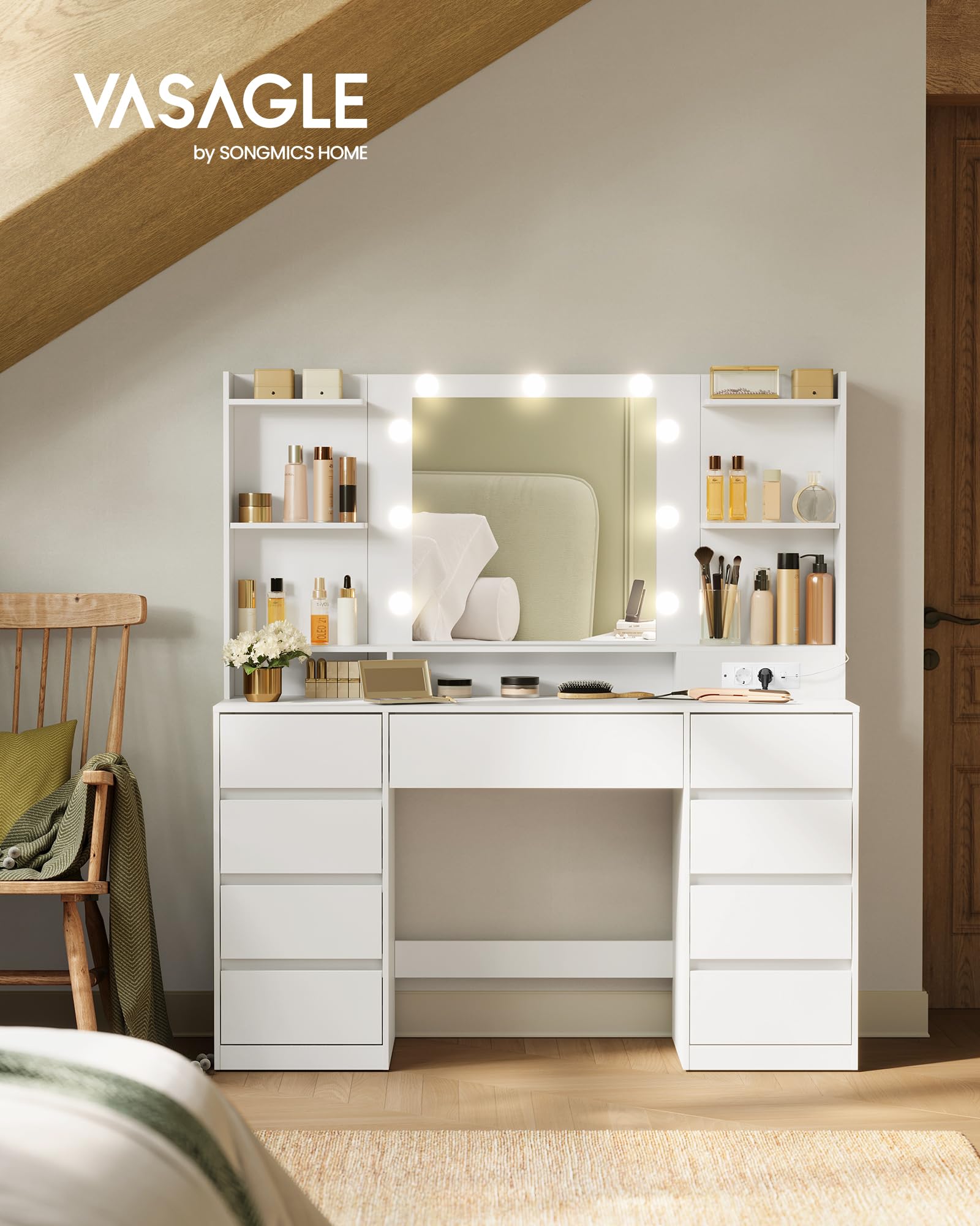 VASAGLE Kailyn Collection - Coiffeuse avec Miroir LED, Multiprise, 9 Tiroirs, 9 Ampoules, Rangement Bijoux, Éclairage 3 Couleurs, Installation des Rails sans Outils, Blanc Nuage RDT141WB02