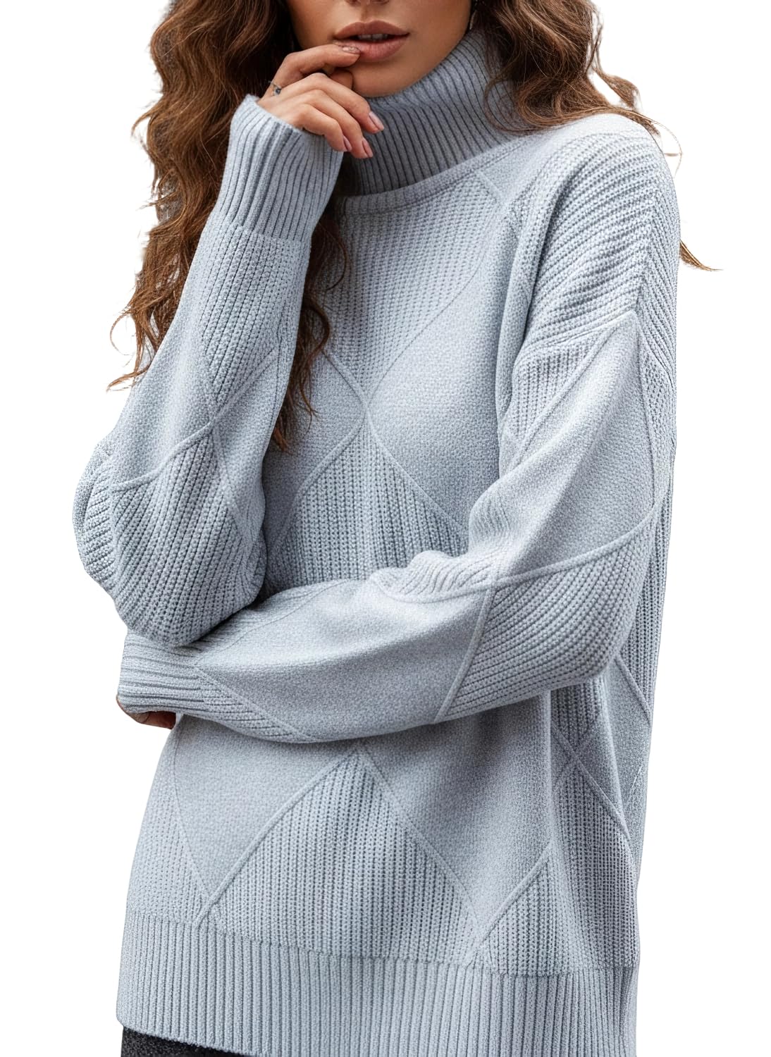 Womens Turtleneck Knit Sweater Long Sleeve Diamond Knit Cozy Fall Winter Warm Pullover Tops