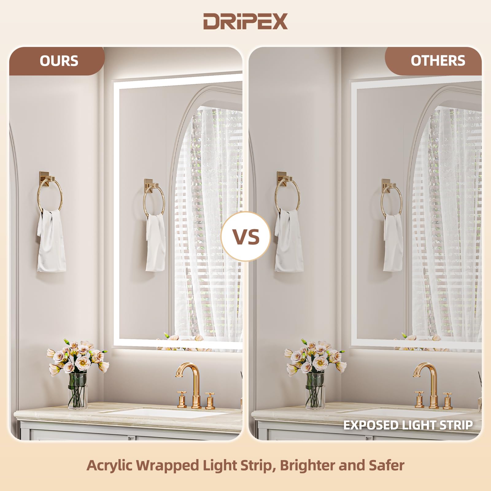 Dripex Miroir Salle de Bain 60x80cm avec éclairage, Miroir Lumieux Mural Dimmable avec 3 Couleurs Lumineuses, Fonction Mémoire, Interrupteur Tactile