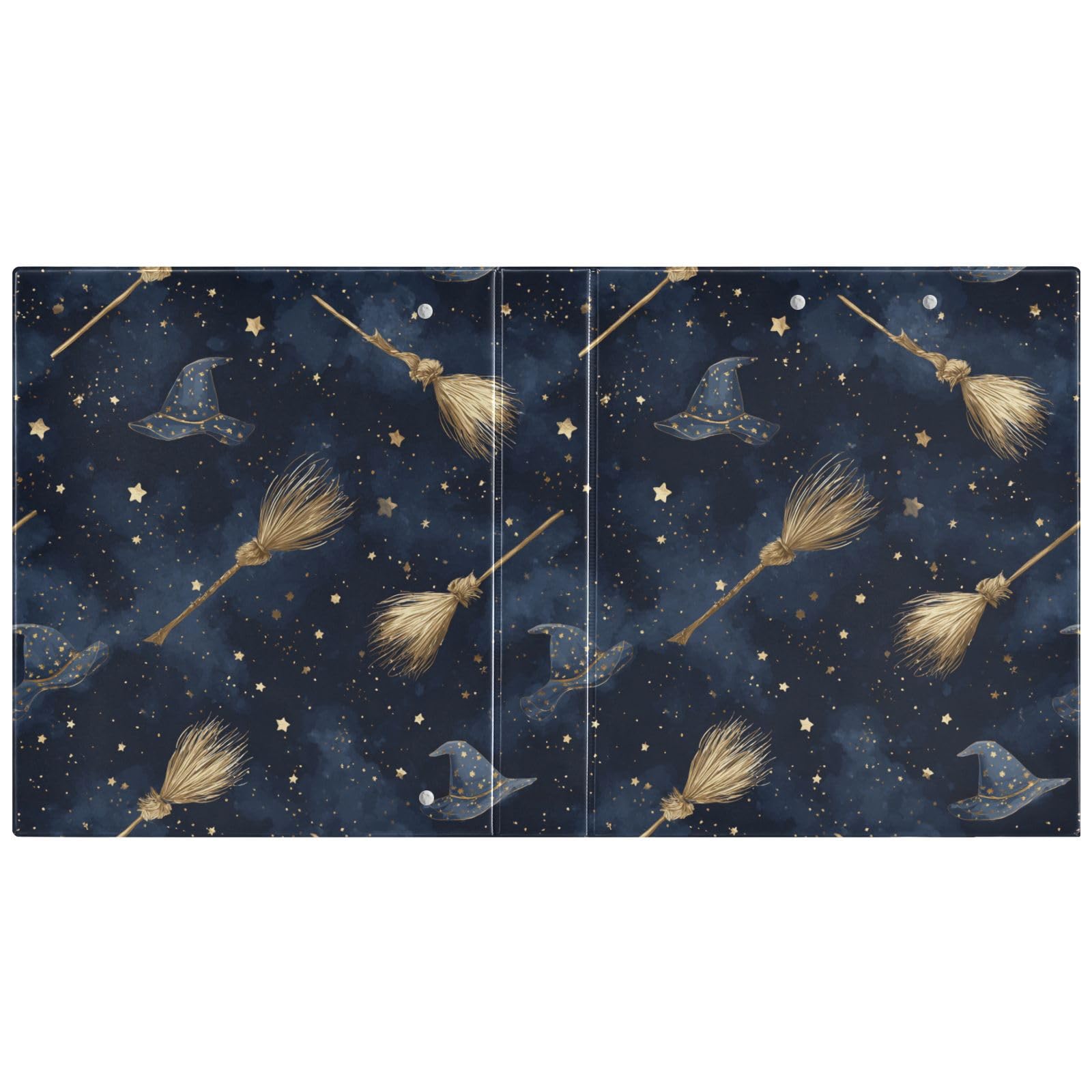 Kcldeci Raccoglitore a 3 anelli con copertina rigida, cappello da strega, scopa e stelle, 3,8 cm, 200 fogli per ufficio, casa, rientro a scuola, confezione da 2