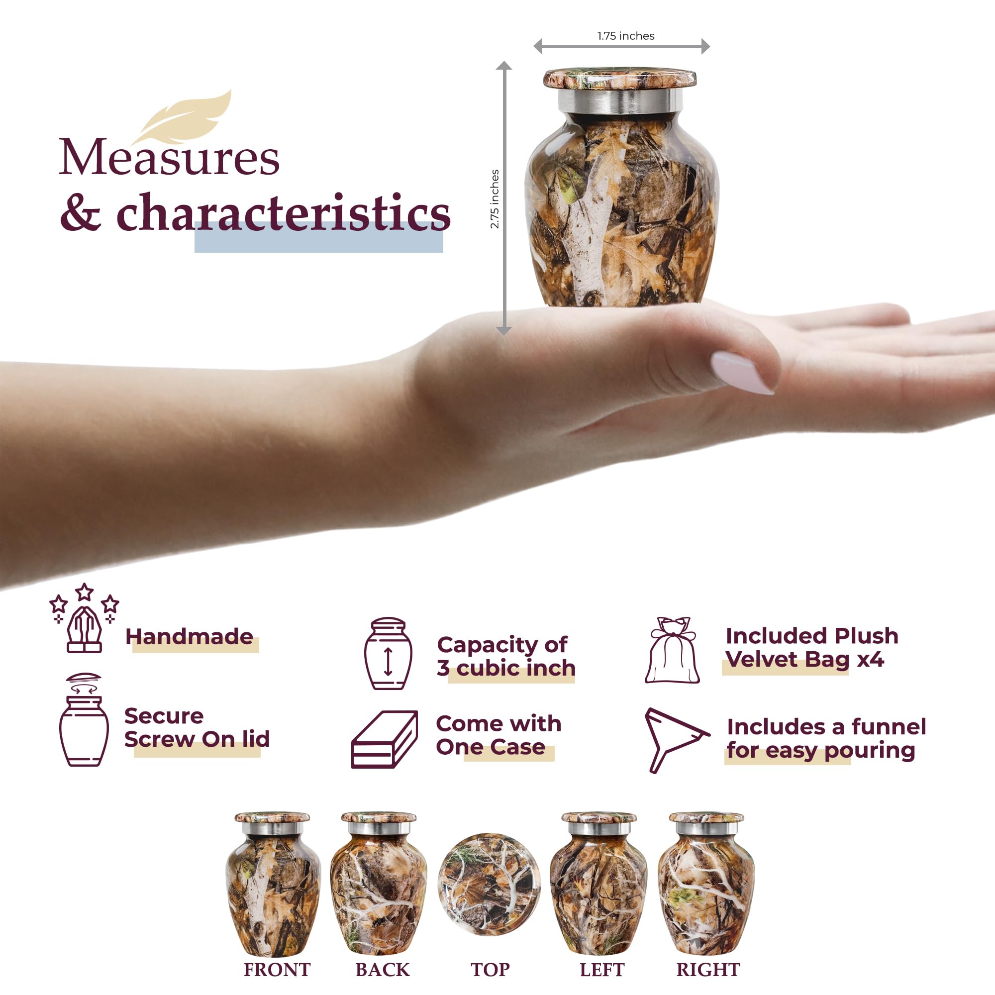 Trupoint Memorials Small Urns for Human Ashes Keepsake, Camouflage and Hunters Decorative Mini Cremation Urn for Adult Men & Women, Set of 4, Brown