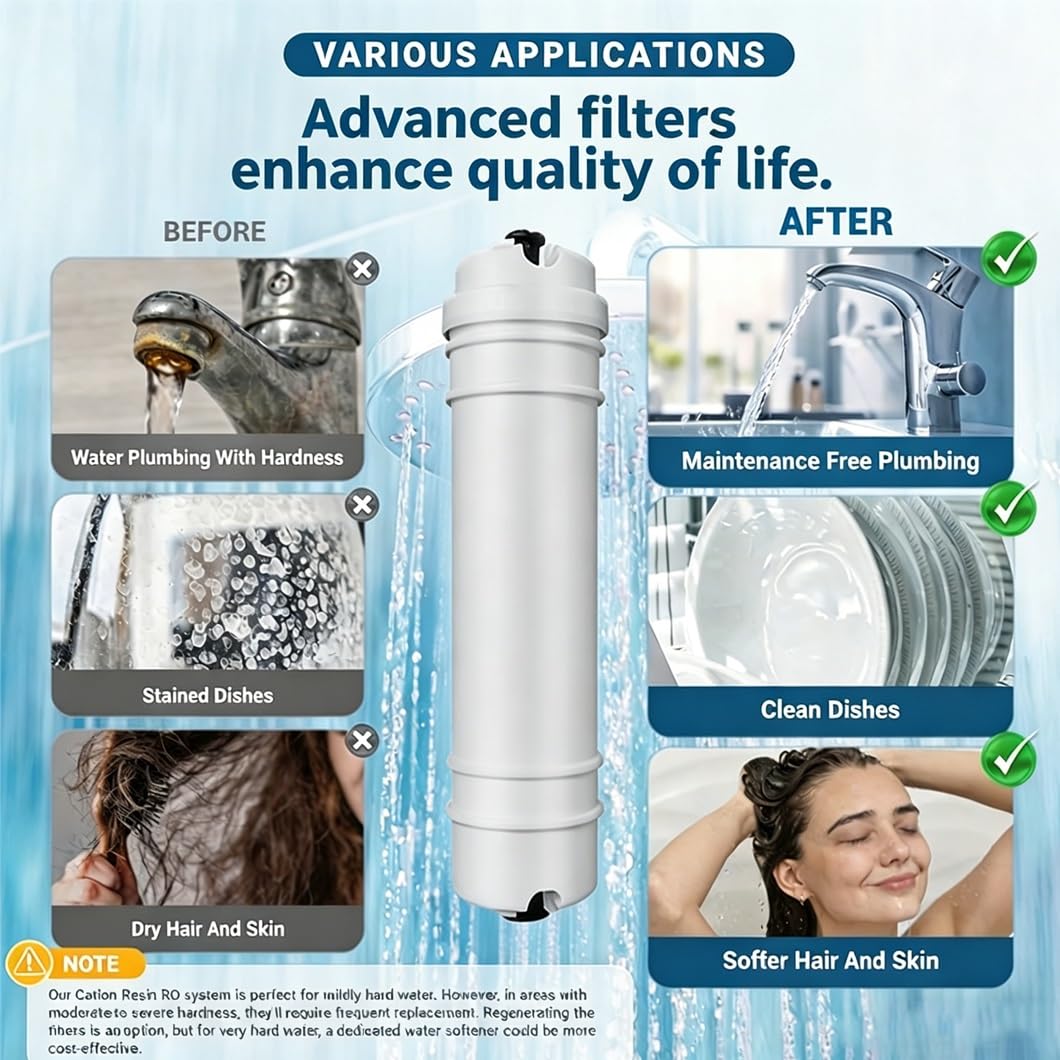 2 cartuchos repuesto ablandador agua resina intercambio catiónico 10 x 2,4in con conexión rápida 1/4in, aptos sistemas purificación estándar toda la casa pulgadas