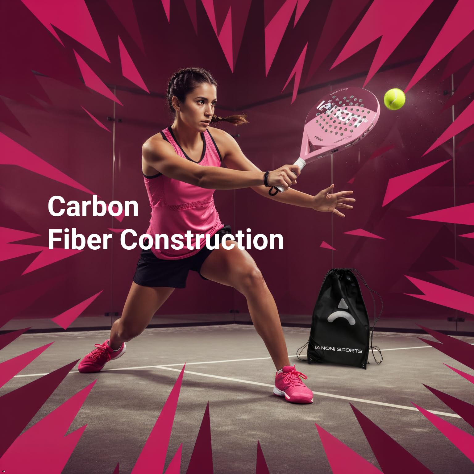 ianoni Racchetta da padel con superficie in fibra di carbonio con nucleo in schiuma EVA Memory Flex – 8500 rosa racchetta + borsa + 3 palline Pro + presa extra