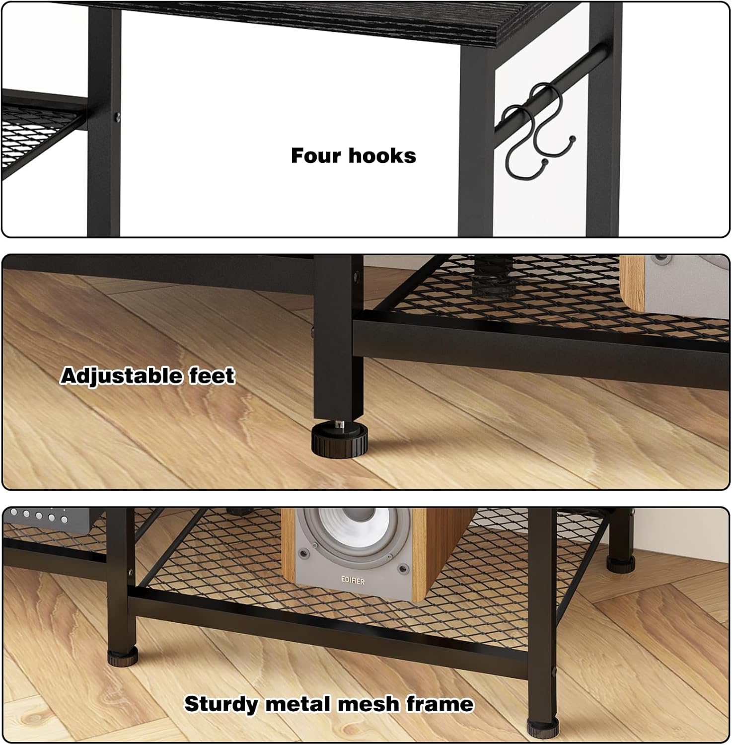 YGEOMER Black TV Stand Entertainment Center for 55 Inch TVs, with Charging Station and Lights Open Storage Shelves, TV Media Console, Open Storage Shelf with Sound Rack for Living Room, Bedroom