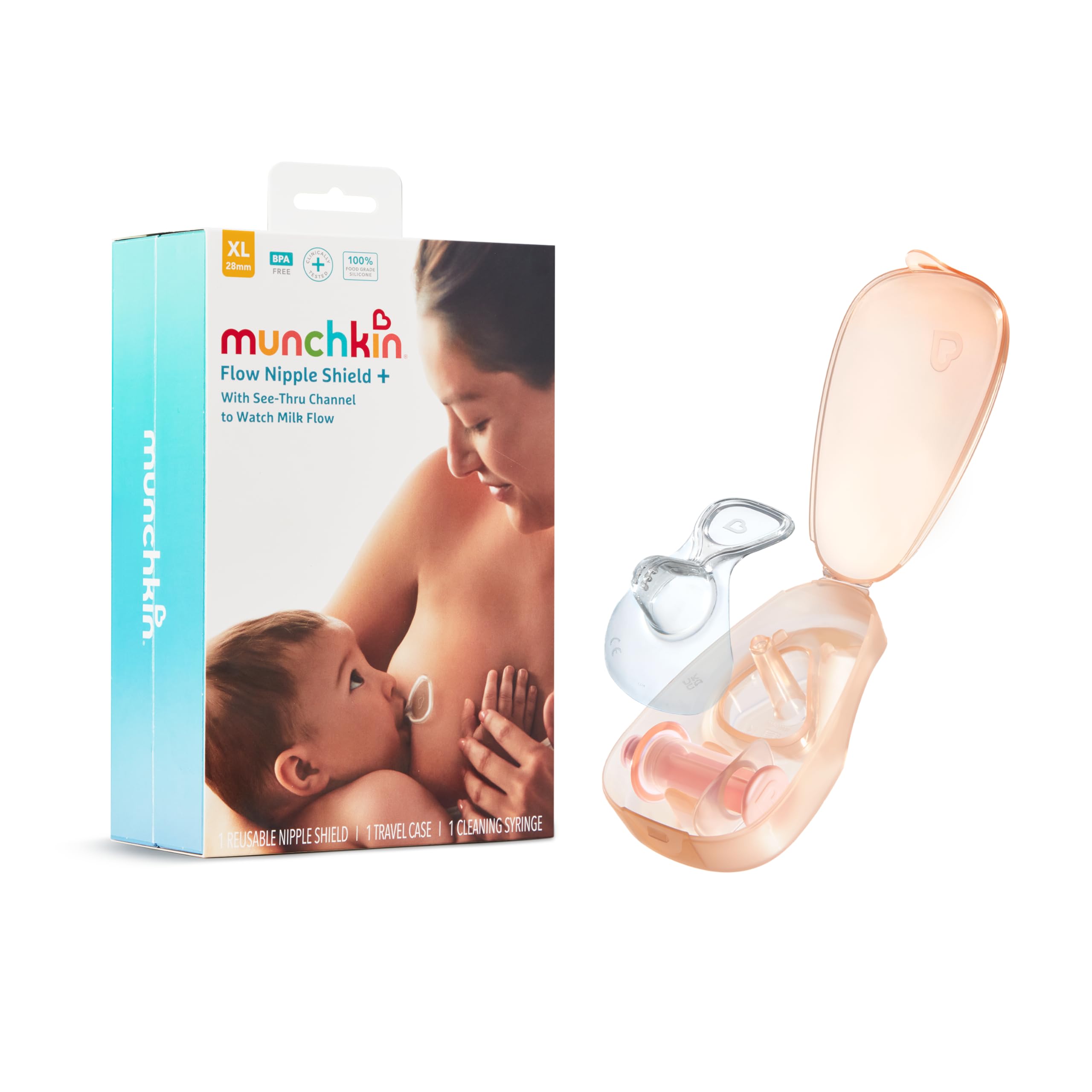 Munchkin Flow Nipple Shield + with See-Thru Channel to Watch Milk Flow - Nurse Confidently and Meet Your Breastfeeding Goals, Silicone - 28mm