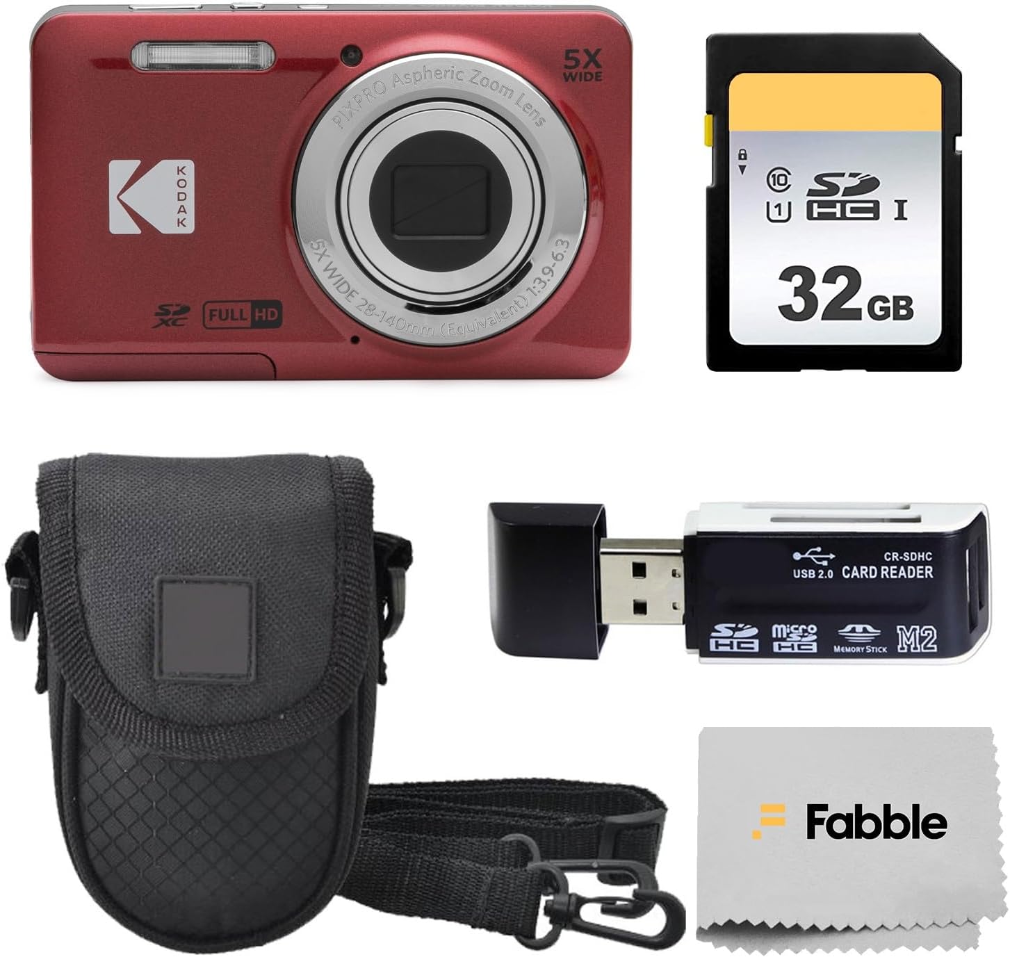 PIXPRO FZ55 16MP Digital Point & Shoot Camera, 5X Optical Zoom, 28mm Wide Angle, 1080P Full HD Video, Bundle with 32GB SD Card, Protective Case, and Hi-Speed Card Reader (Red)