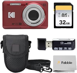 KODAK PIXPRO FZ55 16MP Digital Point & Shoot Camera, 5X Optical Zoom, 28mm Wide Angle, 1080P Full HD Video, Bundle with 32GB SD Card, Protective Case, and Hi-Speed Card Reader (Red)