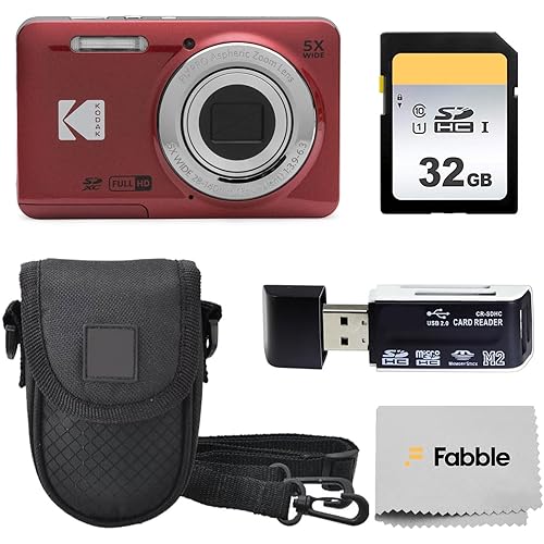 KODAK PIXPRO FZ55 16MP Digital Point & Shoot Camera, 5X Optical Zoom, 28mm Wide Angle, 1080P Full HD Video, Bundle with 32GB SD Card, Protective Case, and Hi-Speed Card Reader (Red)