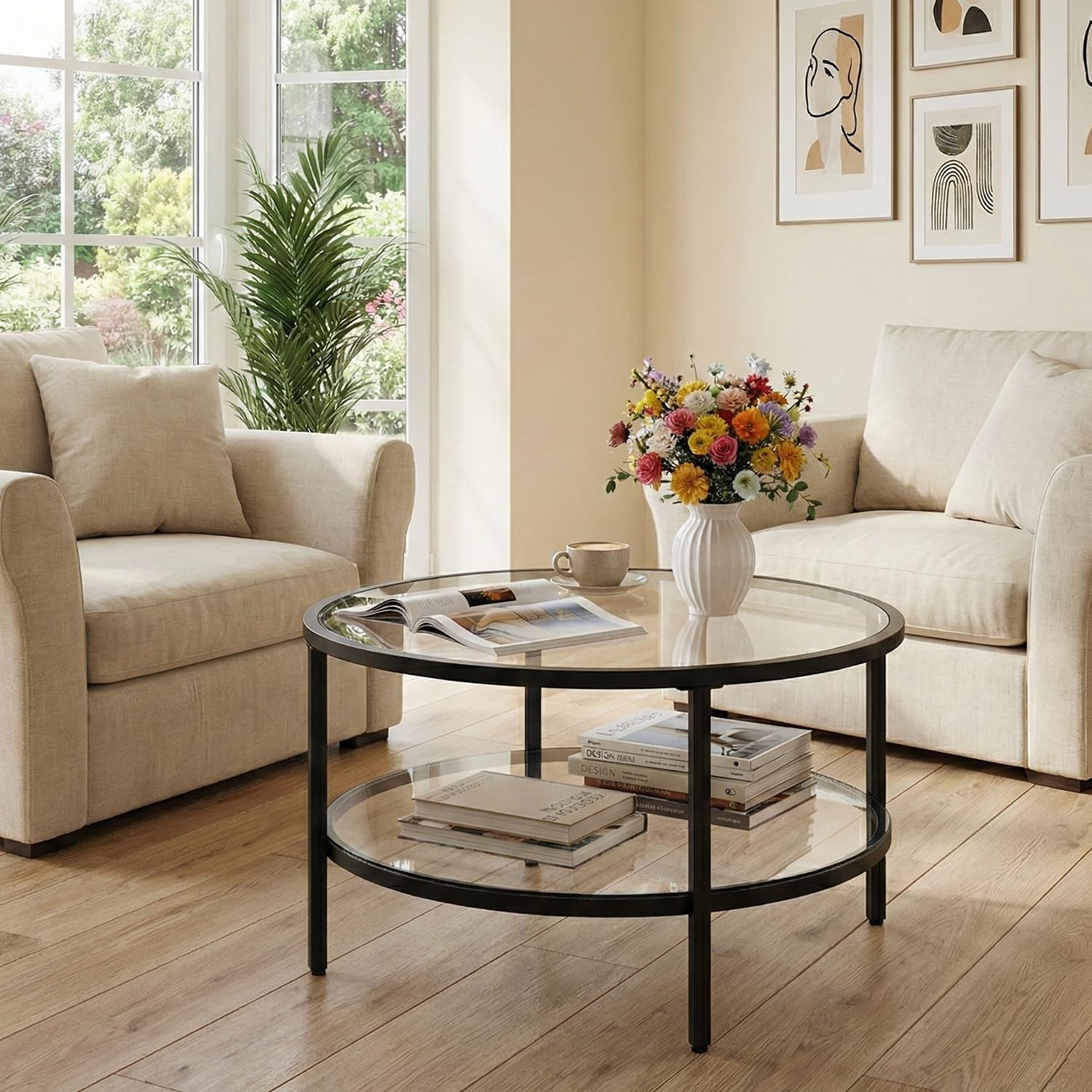 29.5" Round Glass Coffee Table, 2-Tier Modern Black Glass & Metal End Table for Living Room, Mid Century Accent Table with Lower Shelf, 29.5" D x 16.5" H