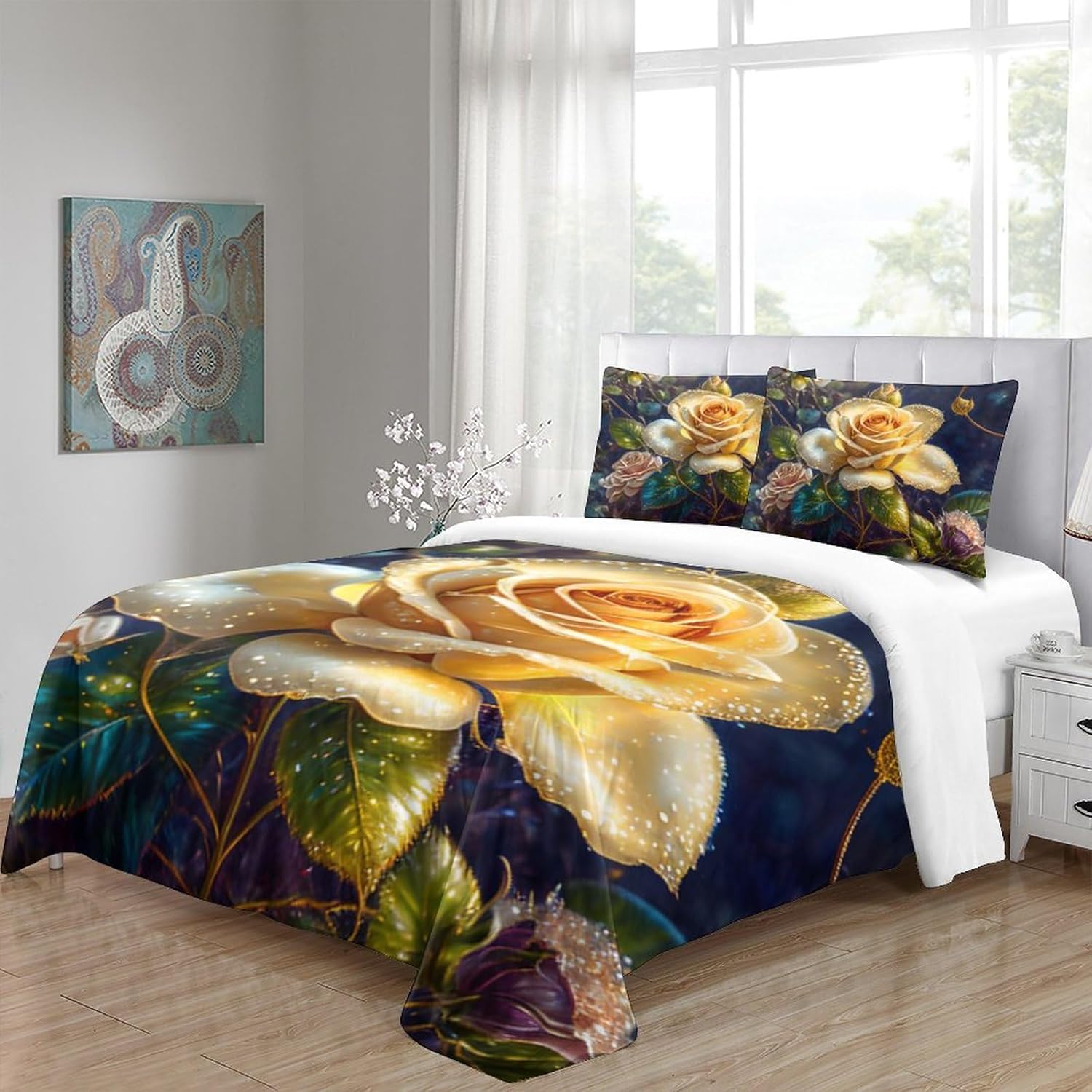 Colored Flowers Three Piece Suit Cartoon Quilt Cover Set - Super Soft Bedding Set for Kids with Pillowcase - Lightweight and Breathable Microfiber Bed Linens