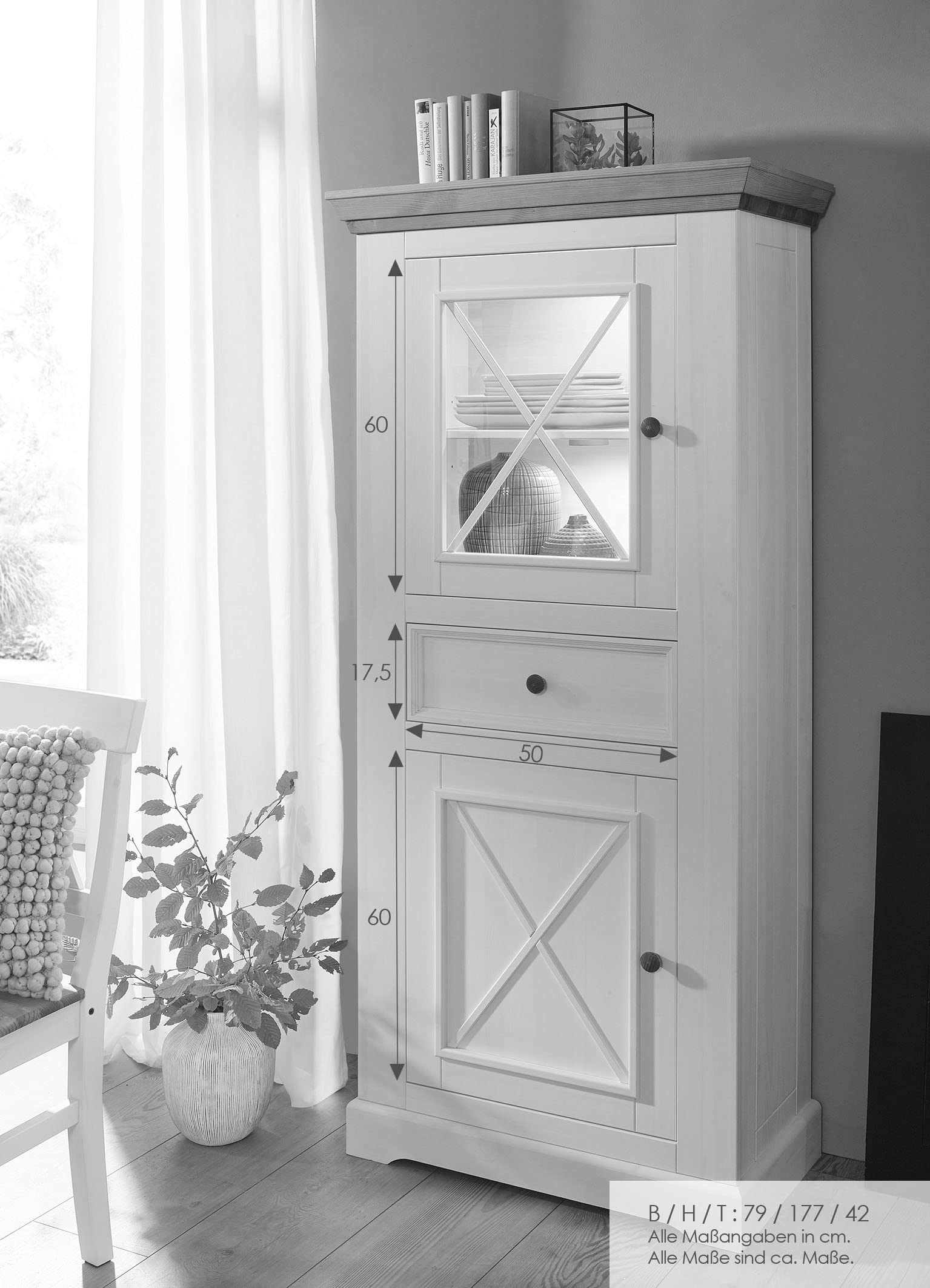 Woodroom Oslo Vitrine Vitrinenschrank Standvitrine Wohnzimmerschrank, Holz, Weiß, BxHxT 79x177x42 cm
