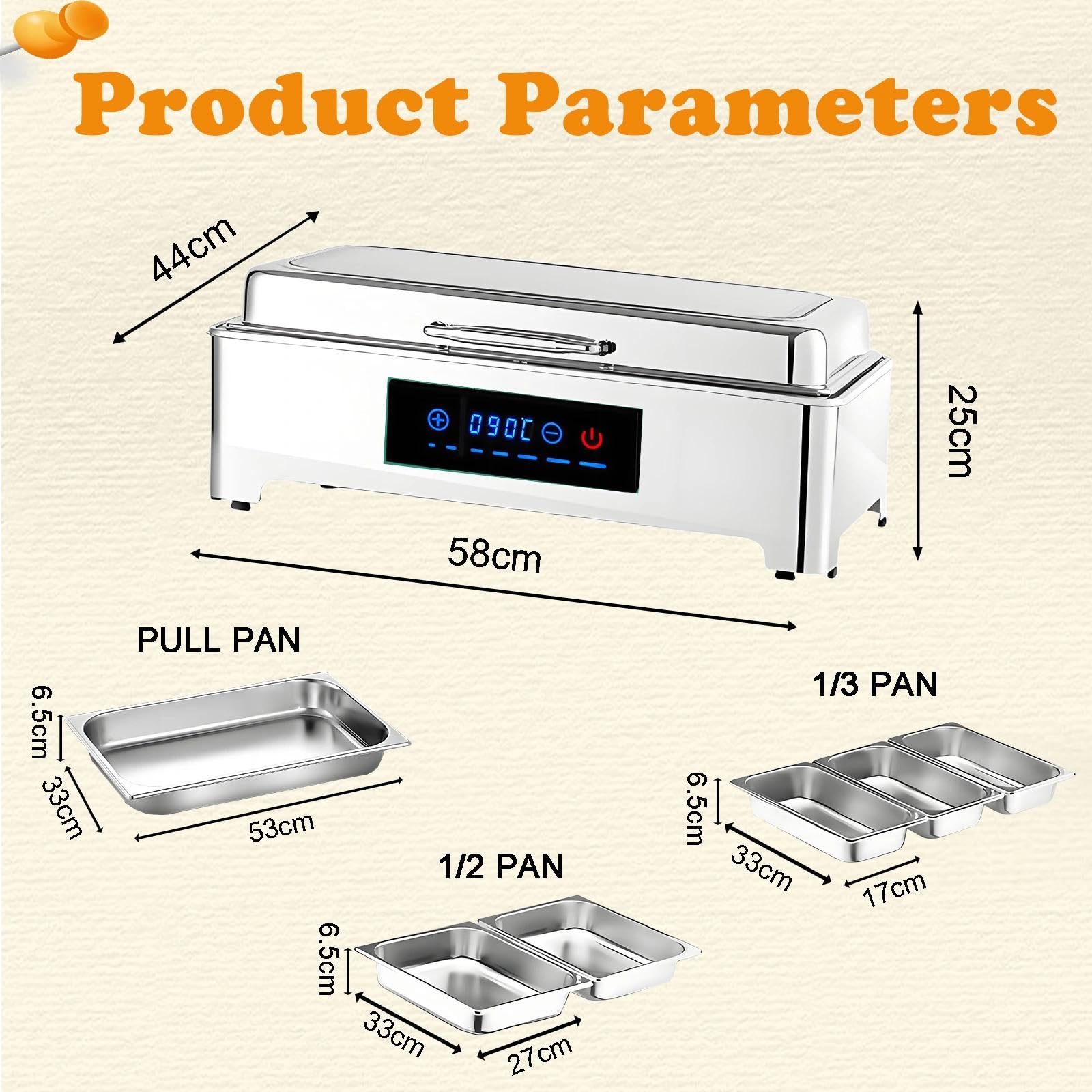 Chafing Dish Eléctrico 9L, Calentador de Buffet Electrico con Toque Inteligente, Acero Inoxidable Calentador de Comida con Tapa Visible para Fiesta, Temperatura Regulable 0-90℃(1/2)