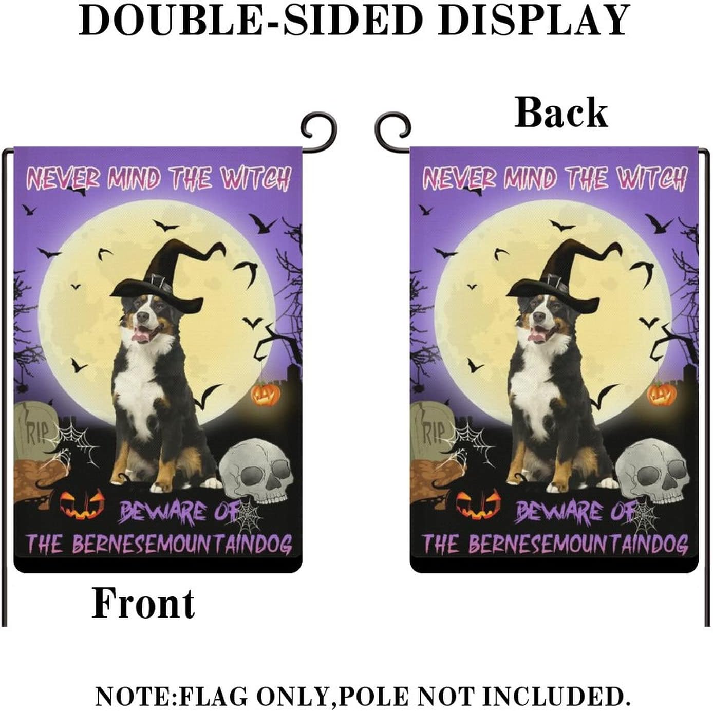 Never Mind The Witch Beware Of The Dog Garden Flag Bernese Mountain Dog 28"X40" Double Side Yard Outdoor Decoration Cotton linen Home Yard Lawn Patio Veranda Porch Garden Decor Holiday Decorations