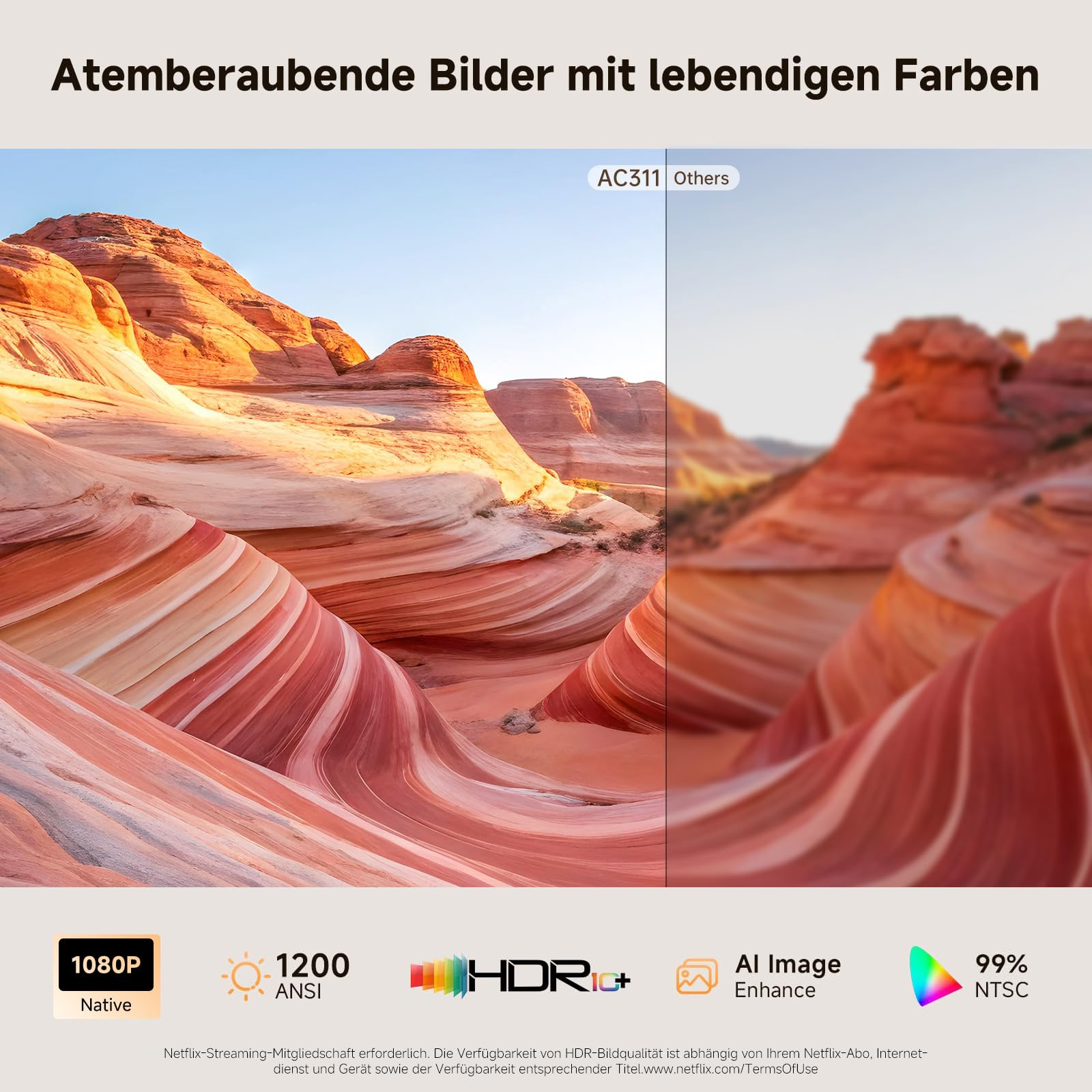 Beamer 4K mit Netflix, iSinbox 1200ANSI 4K Heimkino & Outdoor kurzdistanz Beamer, Smart projektor mit Dolby Audio, Autofokus & Trapezkorrektur, WiFi 6＆ Bluetooth 5.4, HDR10+, Dual-Mode Standfuß