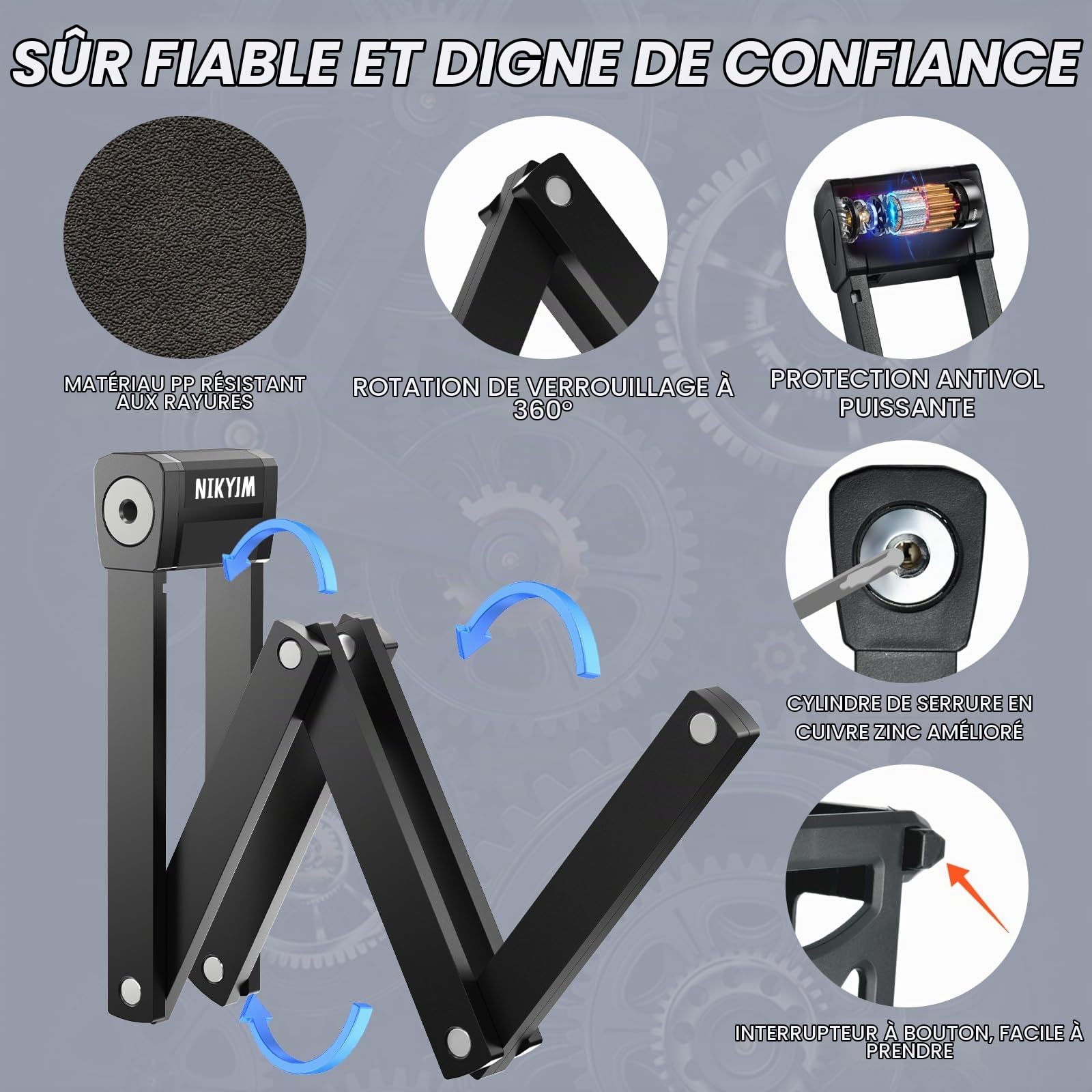 Antivol velo, Serrure de vélo Pliante Portable de 130 cm,Cadenas vélo Antivol,Accessoire pour Vélo avec Support, pour antivol velo, antivol velo electrique, moto