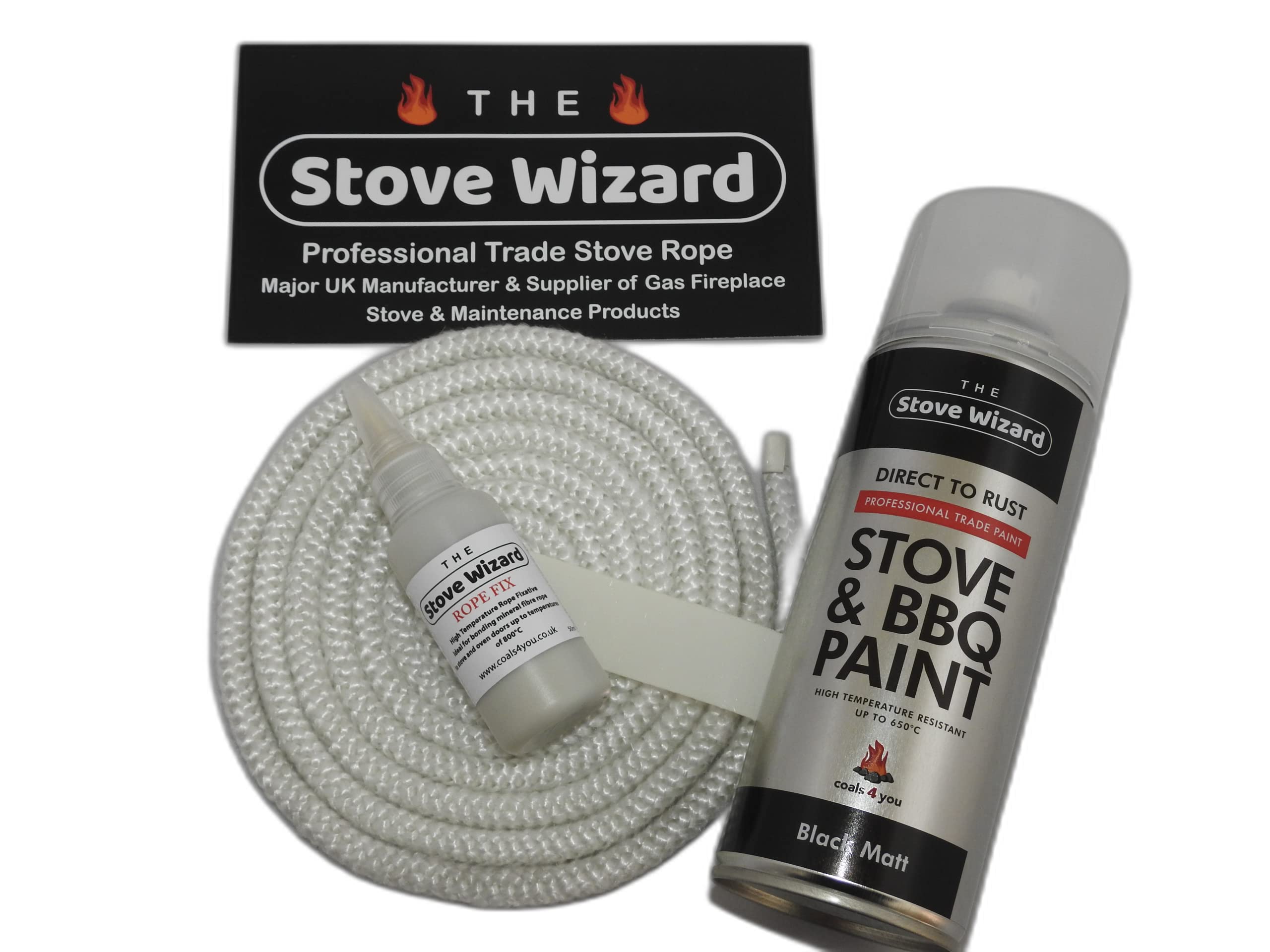 The Stove Wizard White Stove Rope + Stove Paint Kit – 8mm x 2.5m Door Seal Rope with 400ml Heat Resistant Paint & 50ml Adhesive – For Wood, Log & Coal Burning Stoves, Fires, BBQs & Ovens