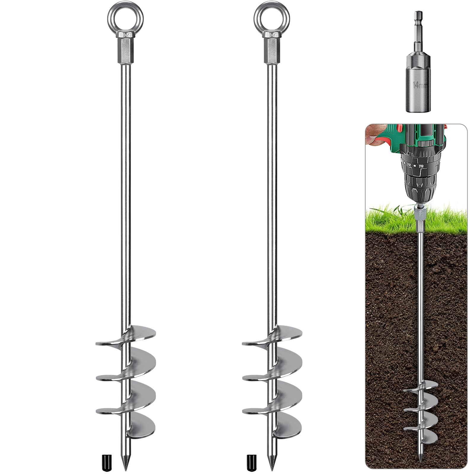 BeneLabel Tent Peg Heavy Duty, 61cm Ground Anchor Screw Trampoline Stake 2pcs Metal Earth Sand Spiral Wind Storm Spike for Swing/Camping/Shed/Dog/Carport/Canopy with Fixed Ring, Silver — image 1