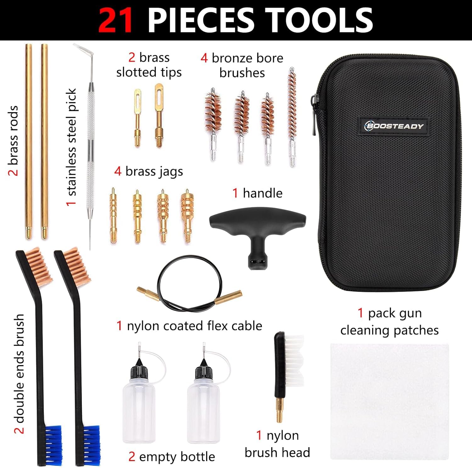 BOOSTEADY Kit Pulizia Universale per Pistole, Set Manutenzione per Calibri .22, .357, .38, 9mm, .45 - Spazzole in Bronzo, Adattatori in Ottone
