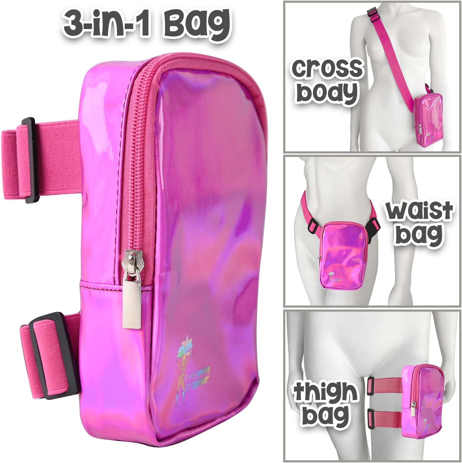 3-IN-1 Thigh Bag Fanny Pack Crossbody Bag | Carnival Leg Harness for Women | Holographic Waist Bag | Rave Leg Pack with Buckles | Pink - Image 6