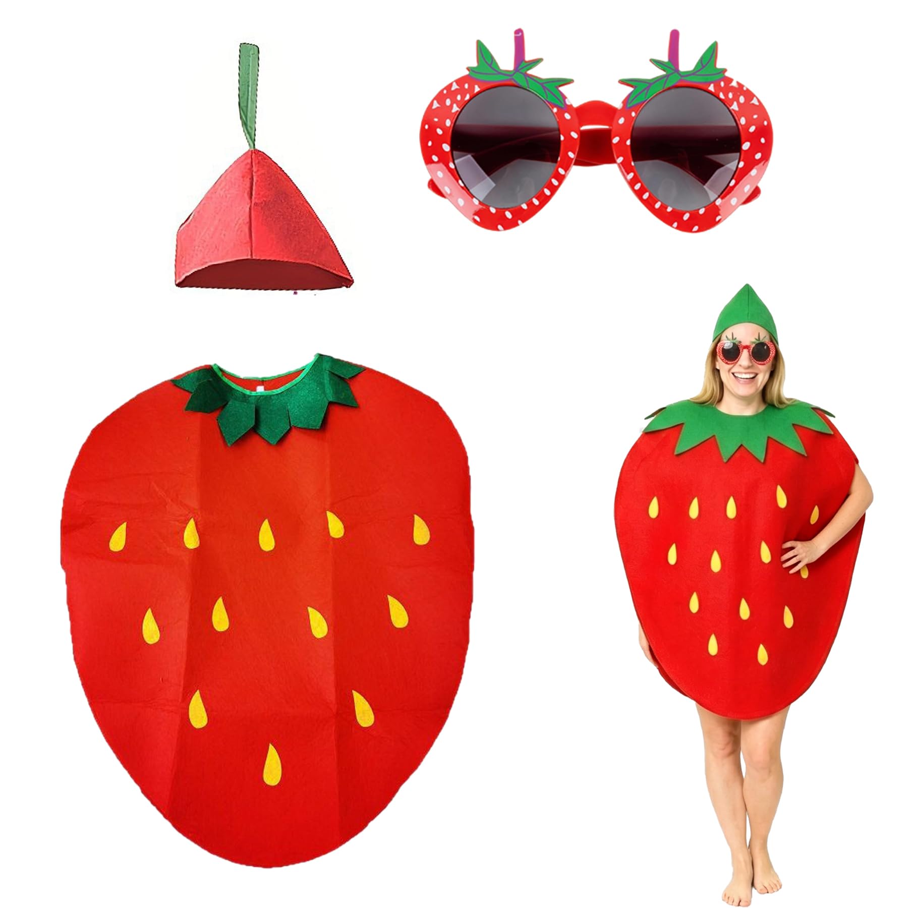 BAIYSFFG Strawberry Costume for Adults,Funny Fruit Fancy Dress Outfit with Leaf Headpiece,Glasses,Lightweight Strawberry Costume for Themed Parties Cosplay Halloween Themed Parties Cosplay Fun Events