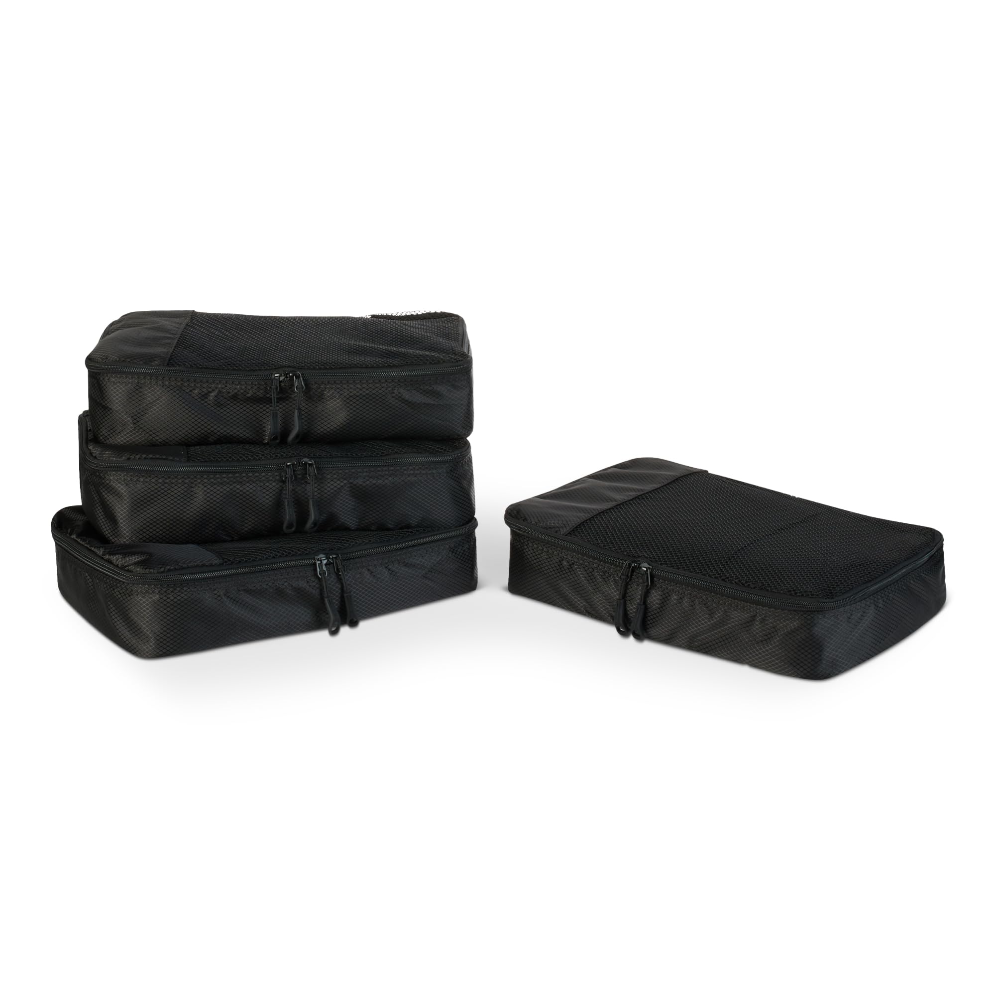 Amazon Essentials 4-Piece Packing Cubes Travel Accessories Set, Luggage Organiser with Double Zip, Mesh Top, 100% Polyester, Medium, Black (Previously Amazon Basics)