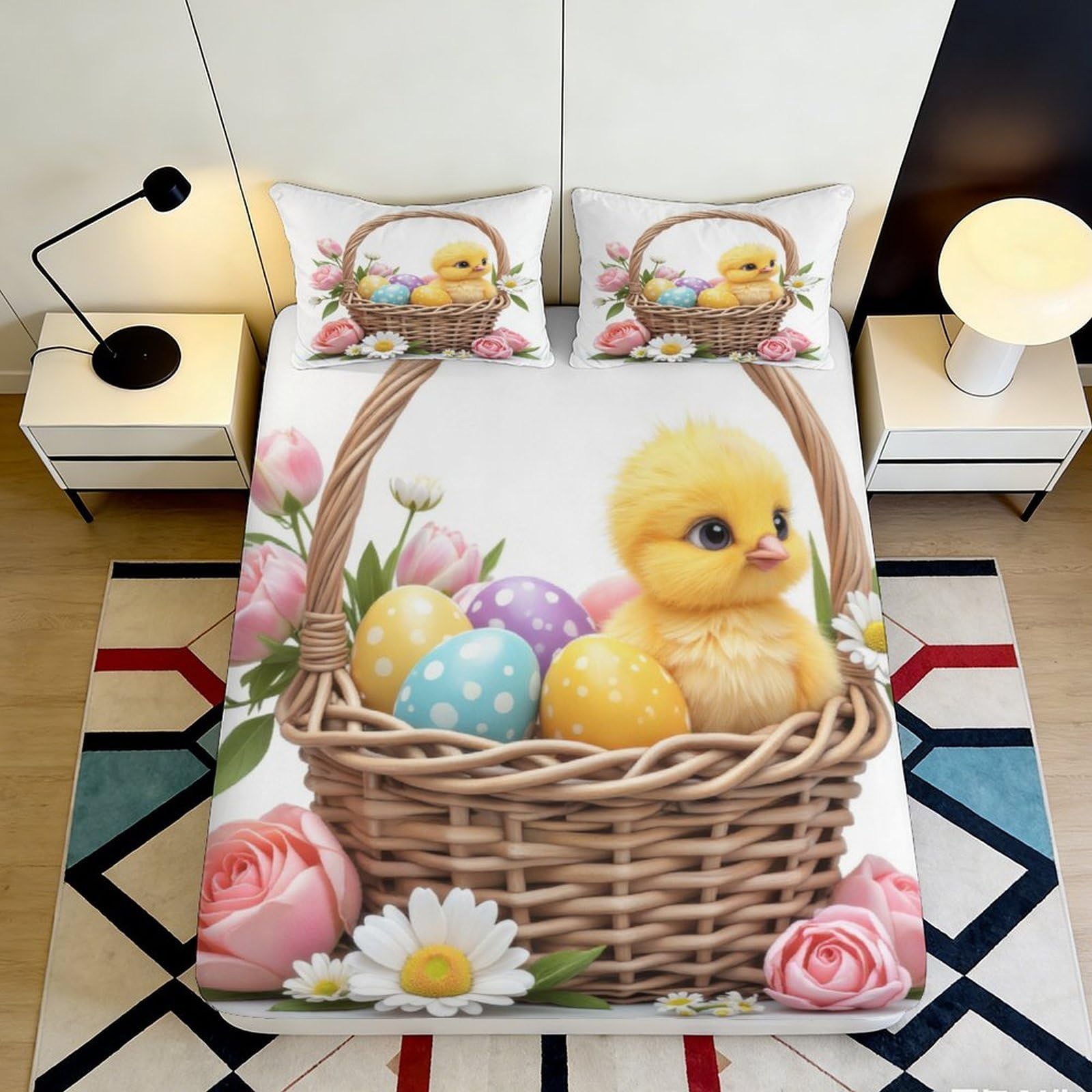 3D Printed Easter Chick Basket Fitted Sheet Microfiber Soft Floral Egg Bed Cover for Bedroom Guest Room Decor 90x200x25cm