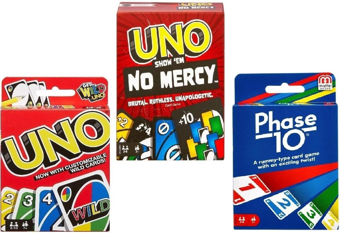 Mattel Uno No Mercy, Uno and Phase 10 Card Game, Combo Pack of 3