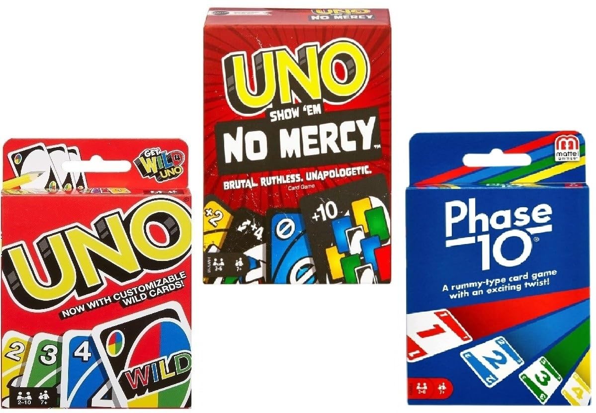 Mattel Uno No Mercy, Uno and Phase 10 Lot de 3 jeux de cartes