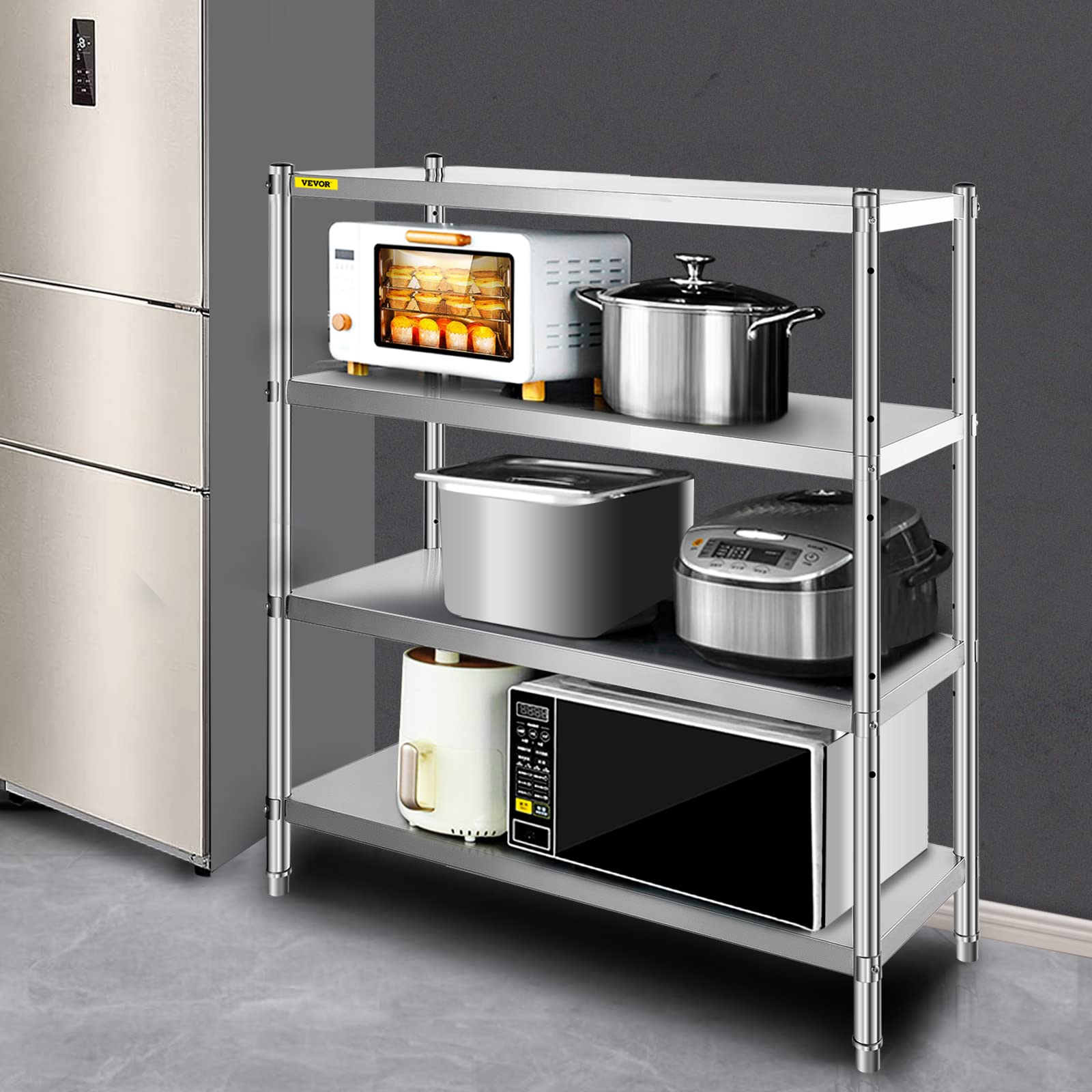 VBENLEM Étagères Inox de Rangement de Cuisine Capacité de Charge 150 kg Table à Épices à 4 Niveaux avec Accessoires d'Assemblage Meuble pour Cuisine Garage Atelier Entrepôt Balcon 122x48x150 cm