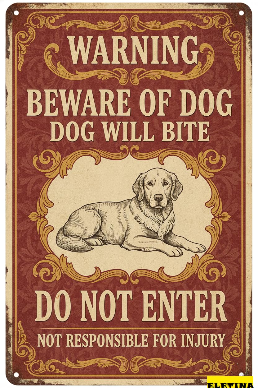 Dog Will Bite Golden Retriever Tin Sign, 8x12 Inch