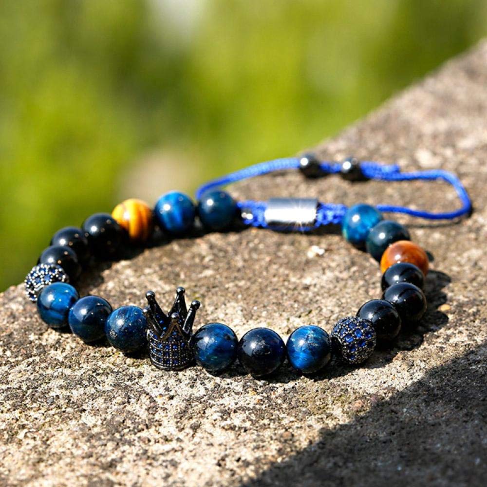 WQZYY&ASDCD Pulseras Brazalete Lujo Circonita Cúbica Corona Bolas Encanto Pulsera Trenzada Hombres Mujeres Azul Piedra Natural Cuentas Pulseras Y Brazaletes