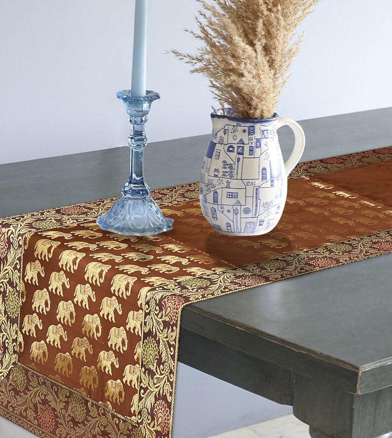 Image of Living Room Decor Handmade Banarasi Silk Table Runner for Center /Dining Table (16 x 60 Inches) (Heavy Zari Brocade ) (Coffee)