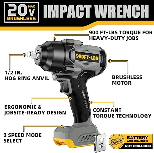 Miniatura 2 de 900 pies-libras (1200 N.m) llave de impacto inalámbrica de 1/2" sin escobillas, compatible con baterías DeWAL 20V MAX, 3 velocidades de alto par,