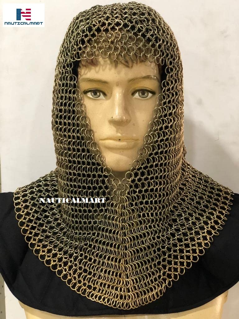 Nautical-Mart Chainmail Coif Medieval Knight Renaissance Armor Chain Mail Hood Viking LARP (Brass Finish)