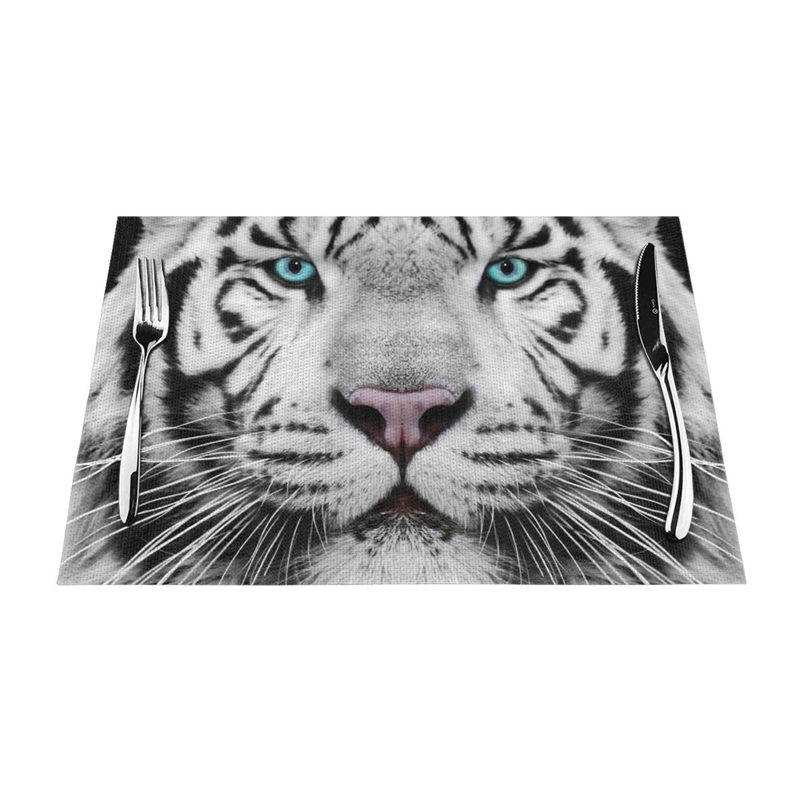 PVC Placemat Set of 6 PCS, 45x30 CM, Tiger with Teal Eyes Printed Non-Slip Heat Resistant Place Mats for Kitchen Dining Table Indoor Outdoor