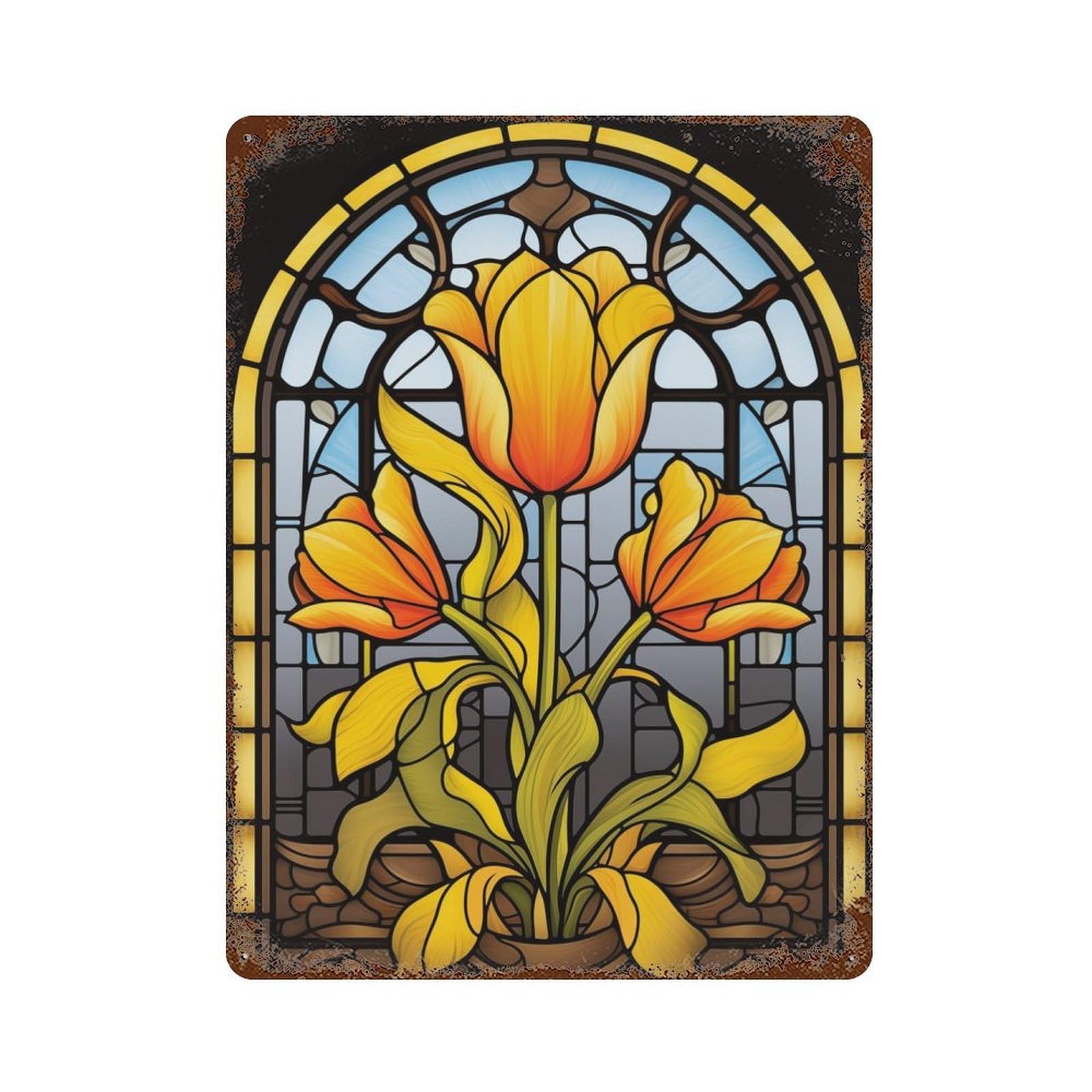 Stained Glass Tulips Rustic Tin Plaque 15.7"x11.8", Ideal for Shed, Workshop And Garage Wall Decor