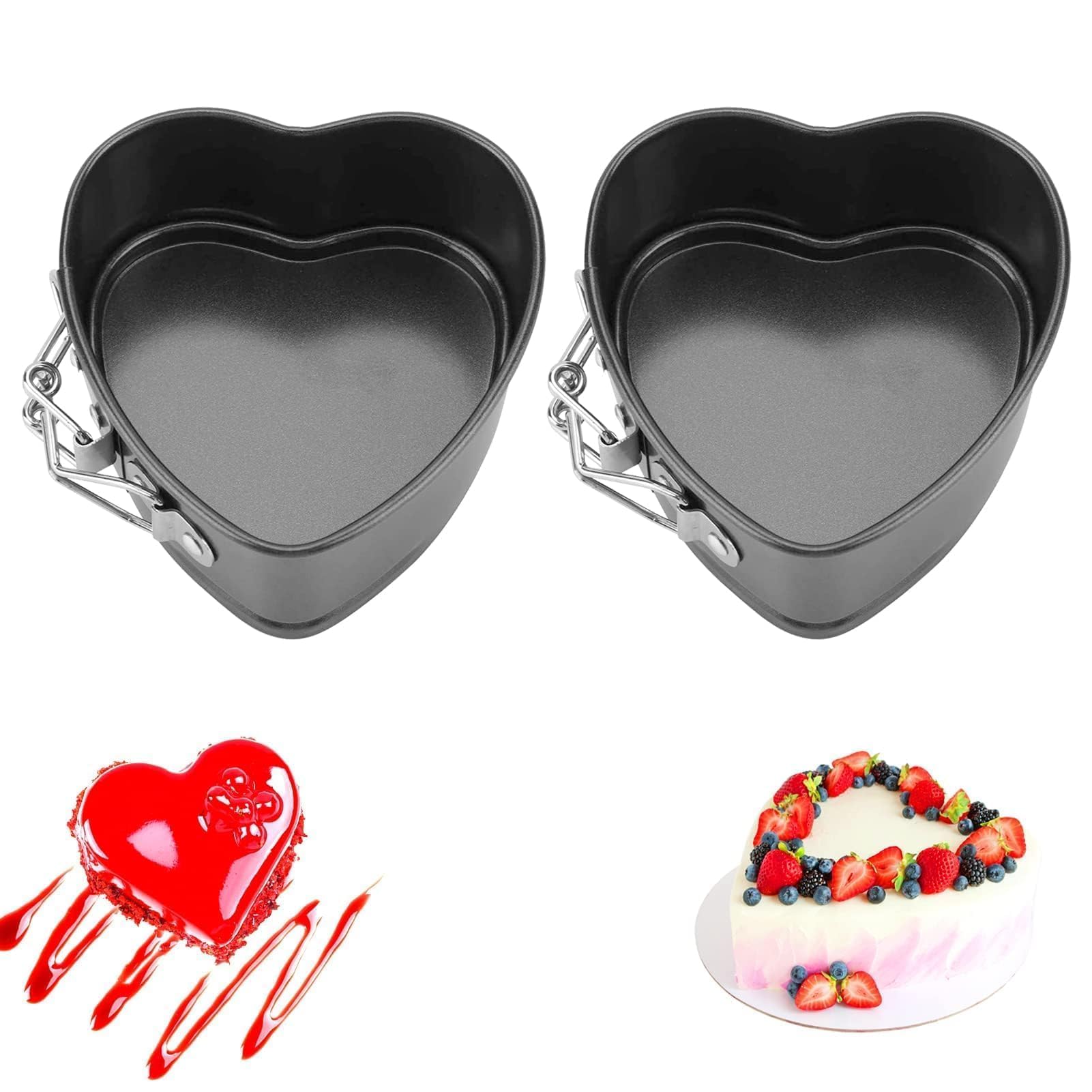 Beufee 2PCS Springform Pan Cake Mold Heart Shape, Cake Pan Carbon Steel Mini Cake Molds for Baking with Removable Base Nonstick Cheesecake Pan Mini Cheesecakes, Pizz