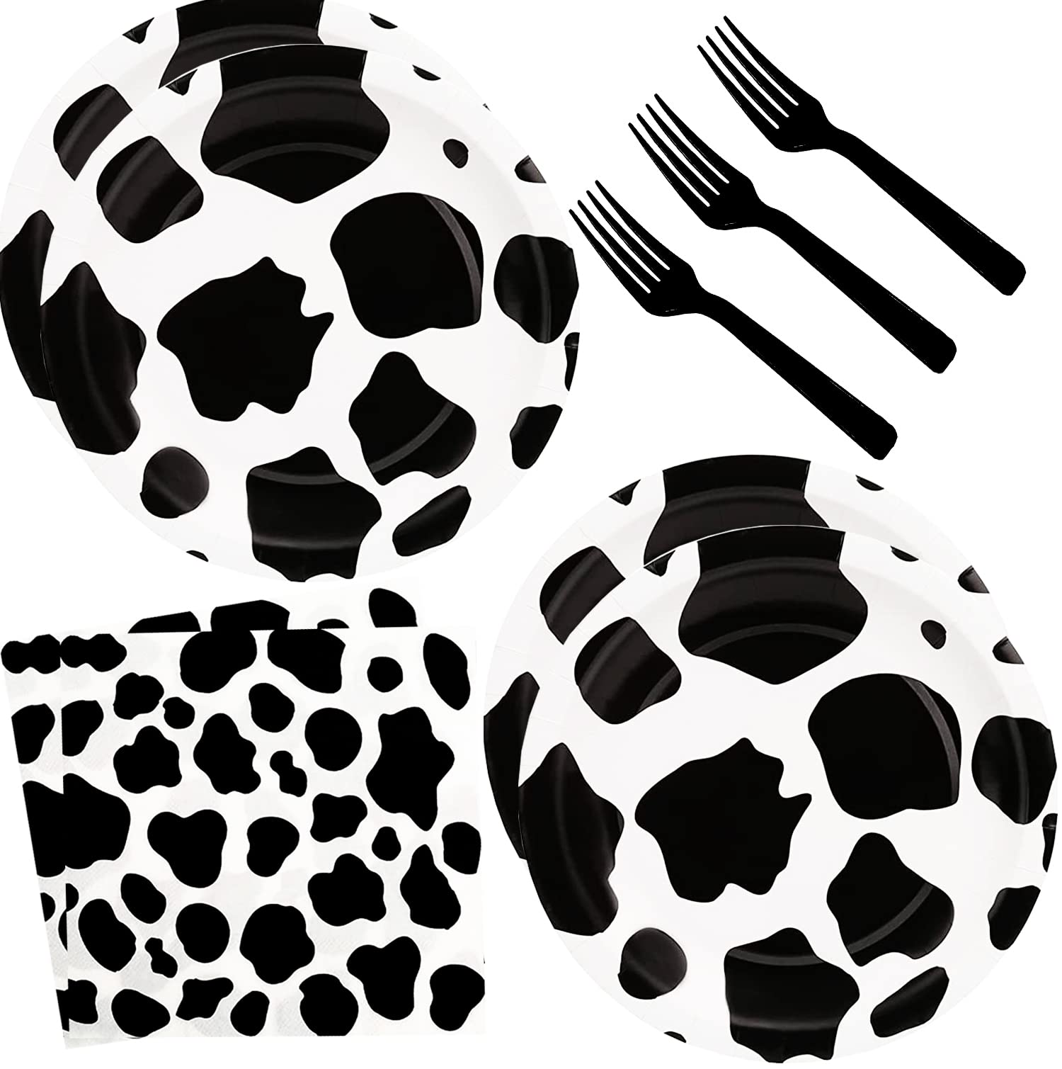 60pcs Cow Print Party Supplies - Cow Themed Tableware Set with 7" Paper Plates, Napkins & Forks for Kids Birthday Party (Serves 20)