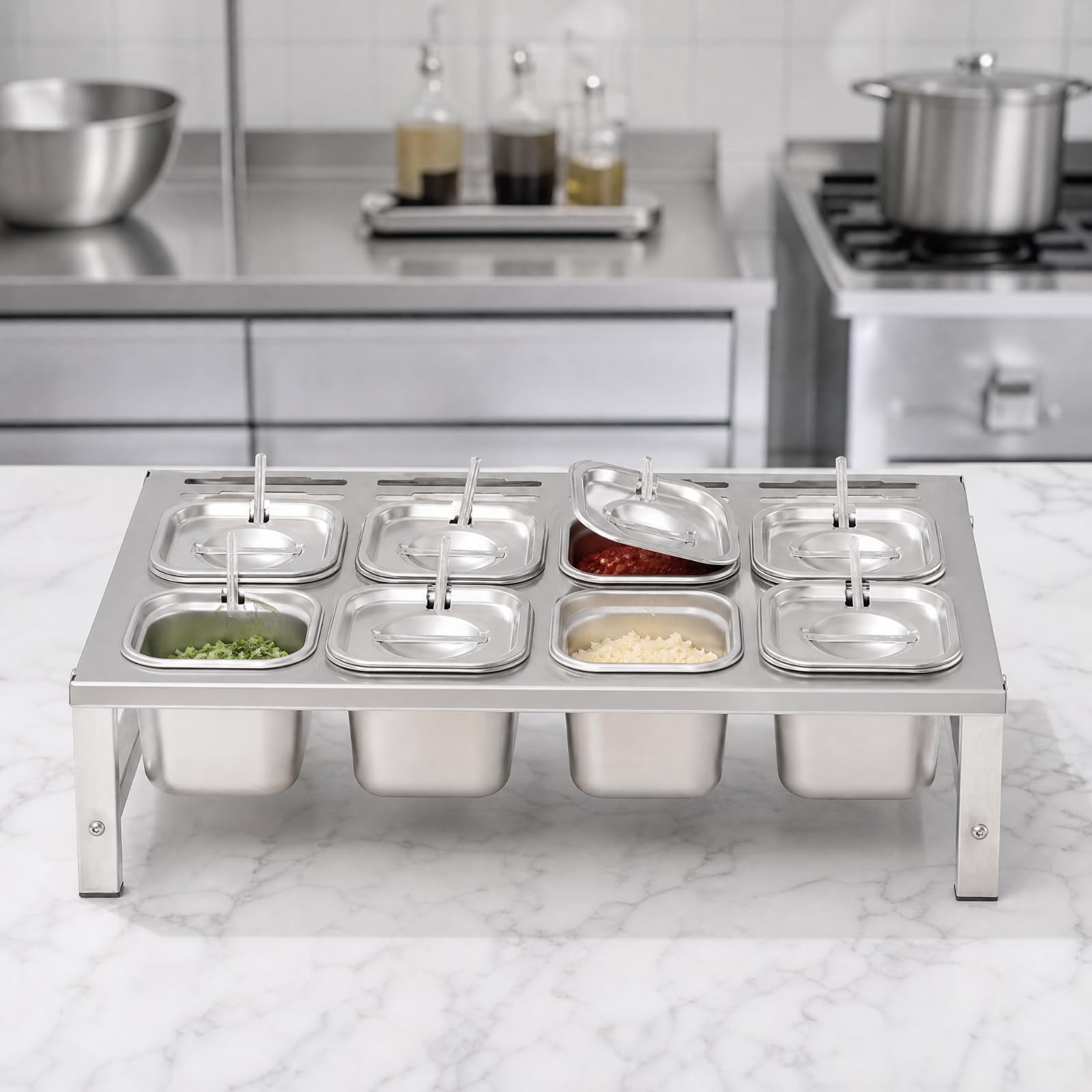 Rack Condimentos Acero Inoxidable Autoportante Organizador Encimera con Recipientes Multifuncional para Restaurantes, Cocineros Caseros, 6 Rejillas