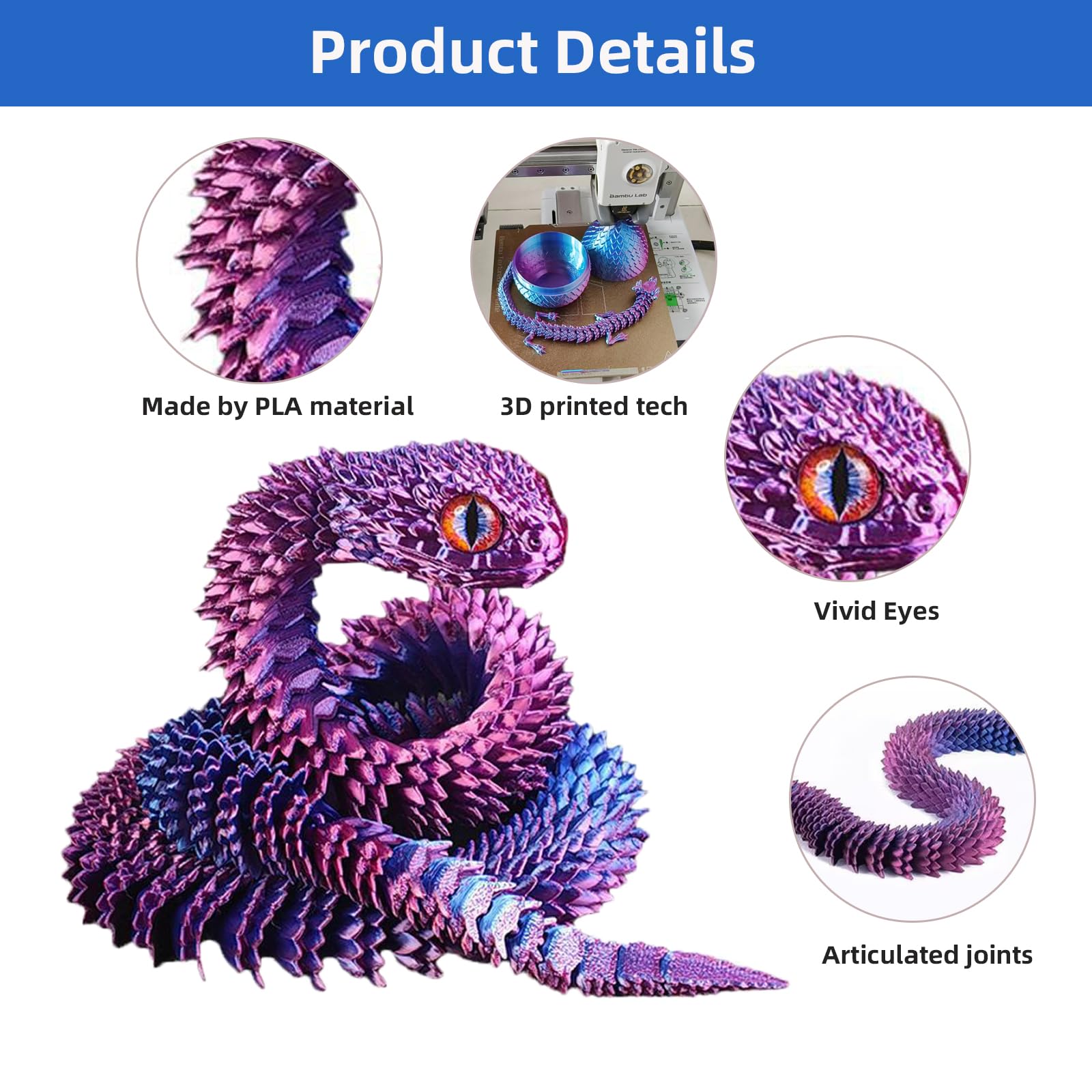 3D Printed Animal Snake Set (11 in, 3 Pieces) - Flexible Articulated Animal Snake Fidget Toys for Autism/ADHD (Purple, Red, Green) - Image 3